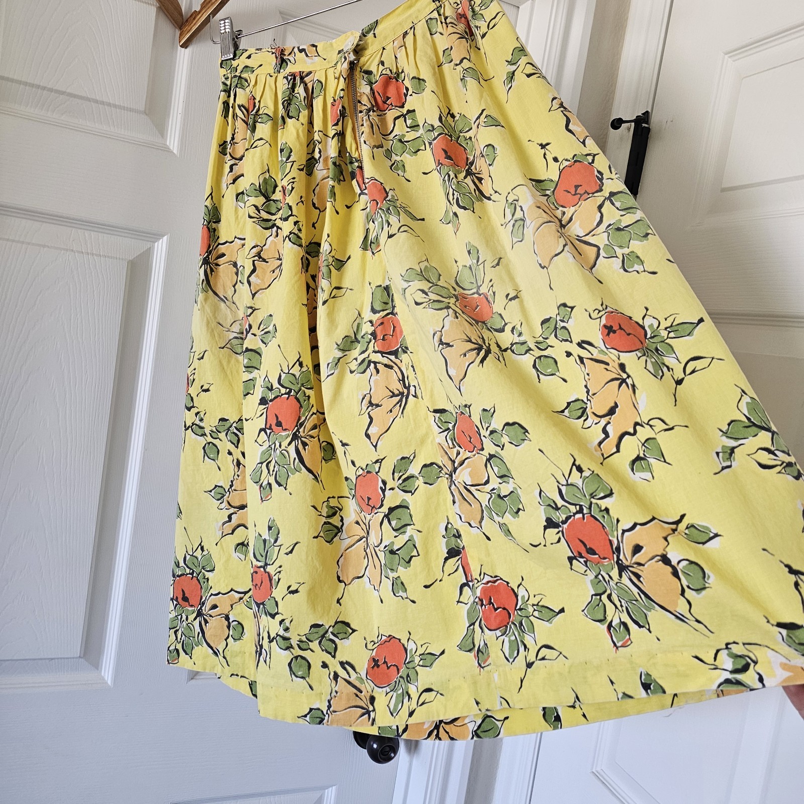 1950s Vintage Novelty Floral Yellow Midi High Waist Cotton Skirt Belt Set #66