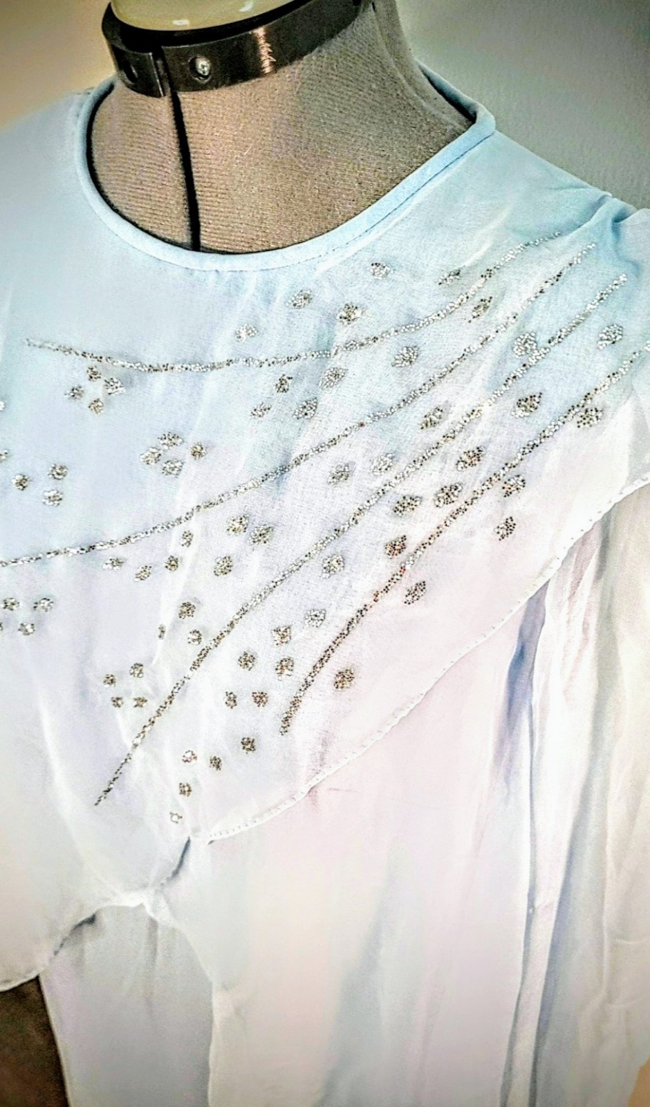 Vintage Gilberti Baby Blue Shift Dress Silver Glitter Pattern Size Large