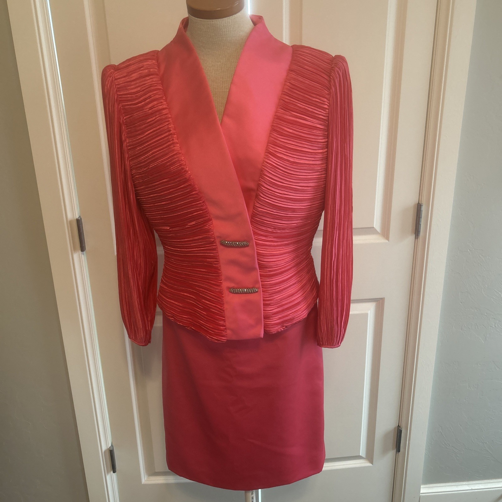 Vintage George F. Couture Pink Suit Skirt Fortuny Pleats Crystal Buttons Sz 12