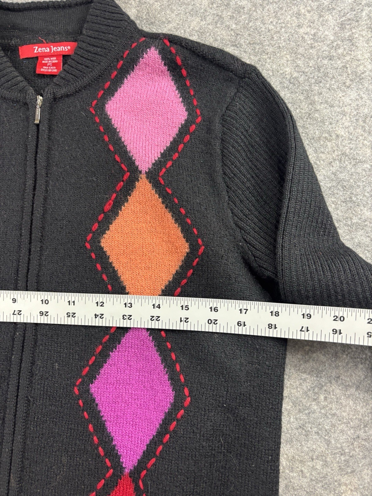 Zena Jeans VTG Argyle Diamond Zip Up Jacket Long Cardigan 100% Wool Women’s PS