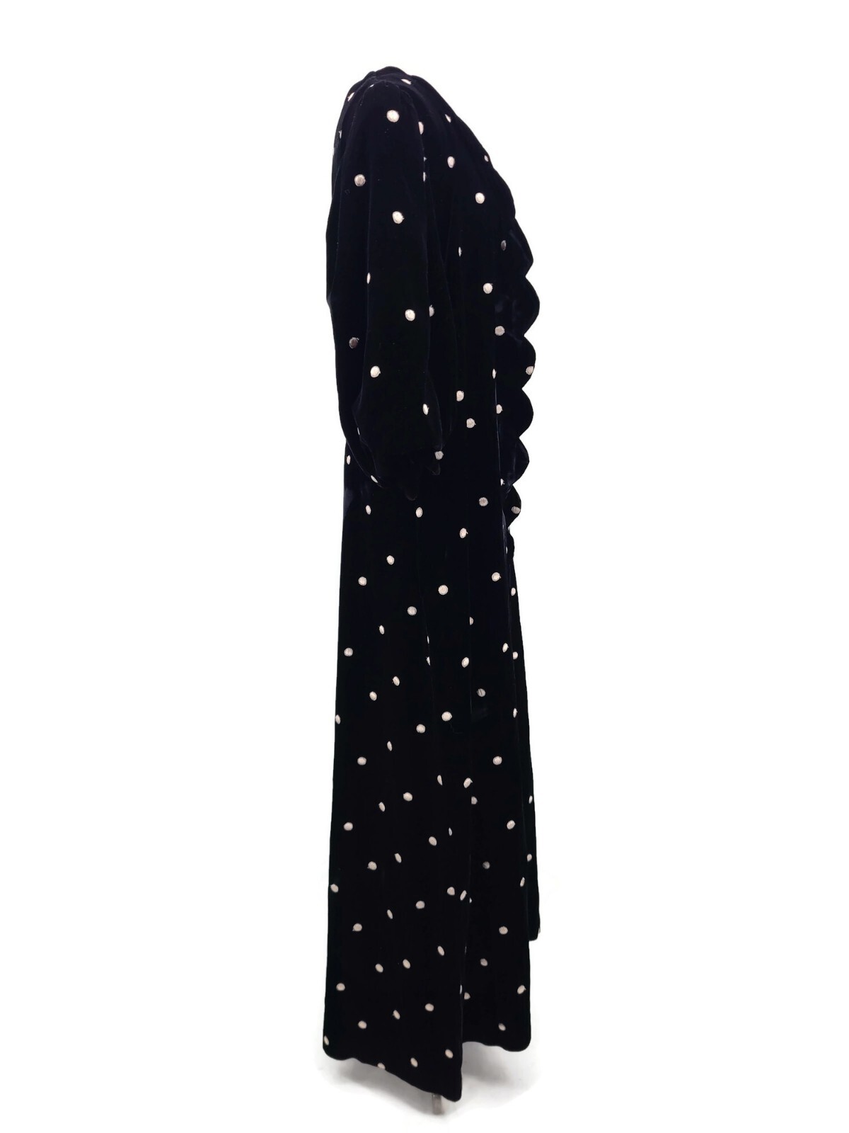 VTG Georgette Trabolsi Velvet Lounger Caftan Womens M Black Pink Dots Gown Pkts