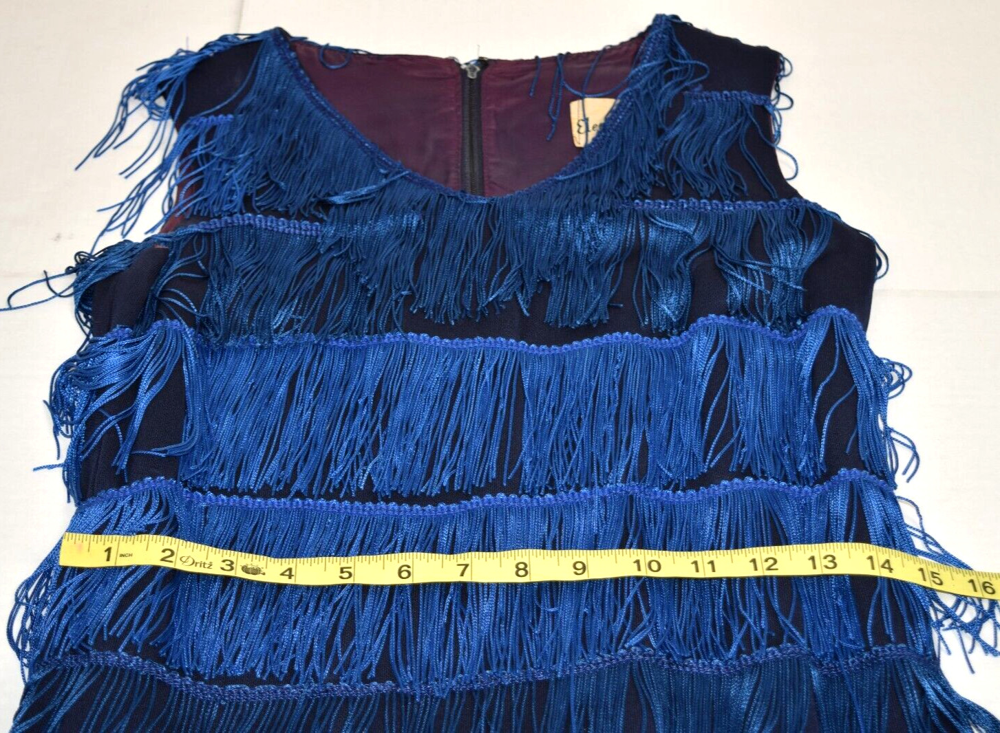 Vintage Flapper Dress Elegant Miss Size S/M 60s Silky Blue Tassels Ivory Ruffle