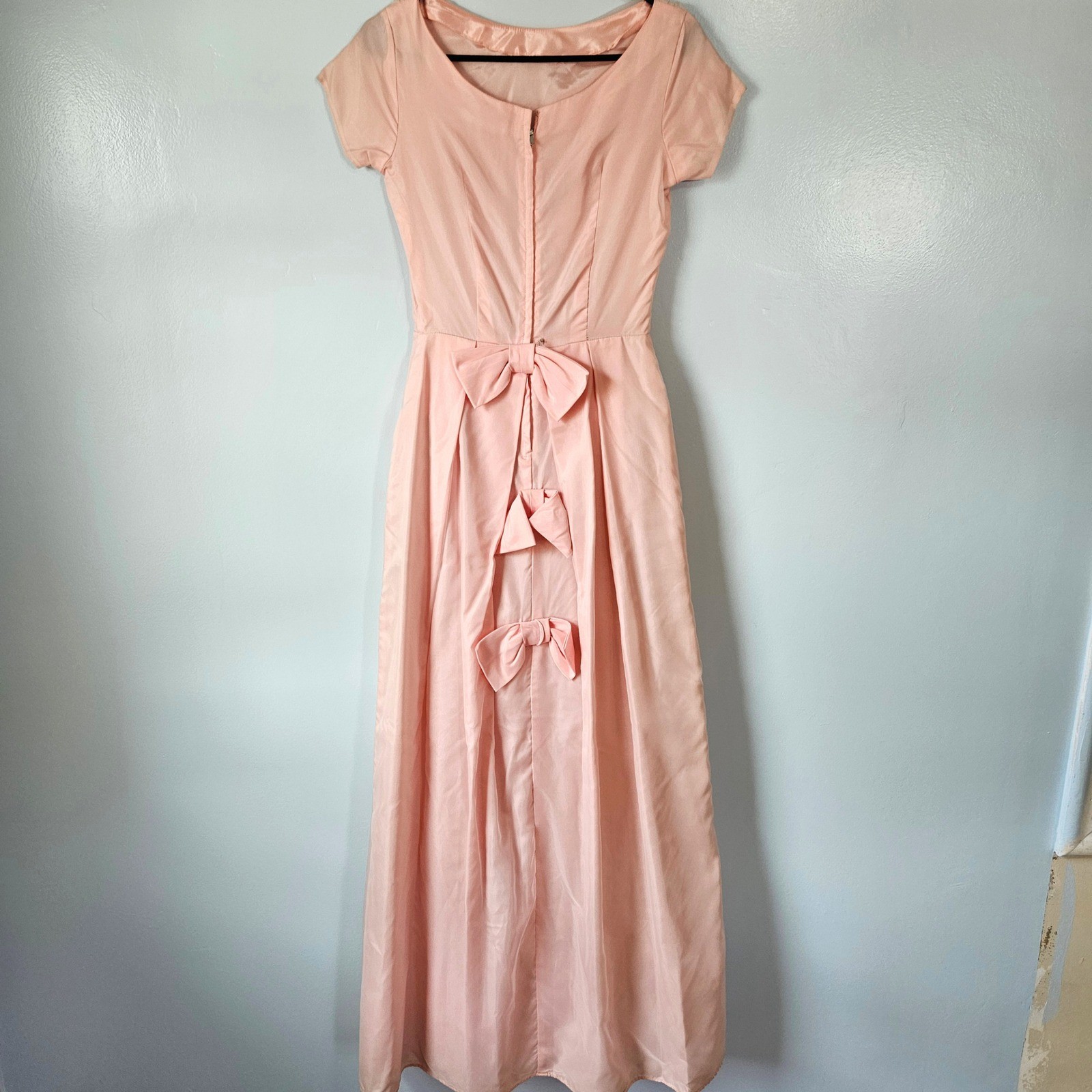 Vtg 50s 60s Magnolia Shoppe Duluth Pink Bow Back Evening Gown Prom Dress XS