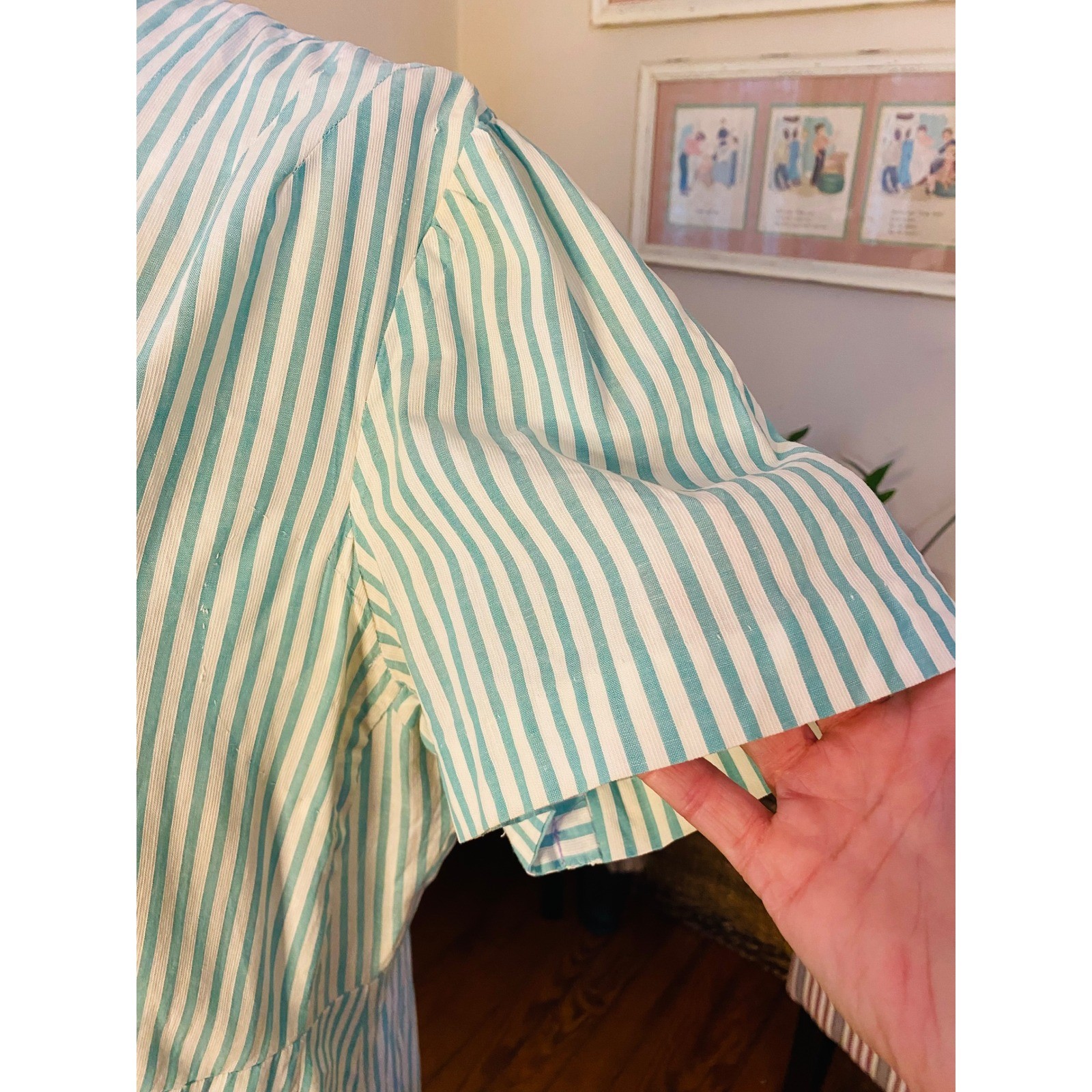 VTG 50’s Teal White Striped Short Sleeve Day Dress handmade rockabilly