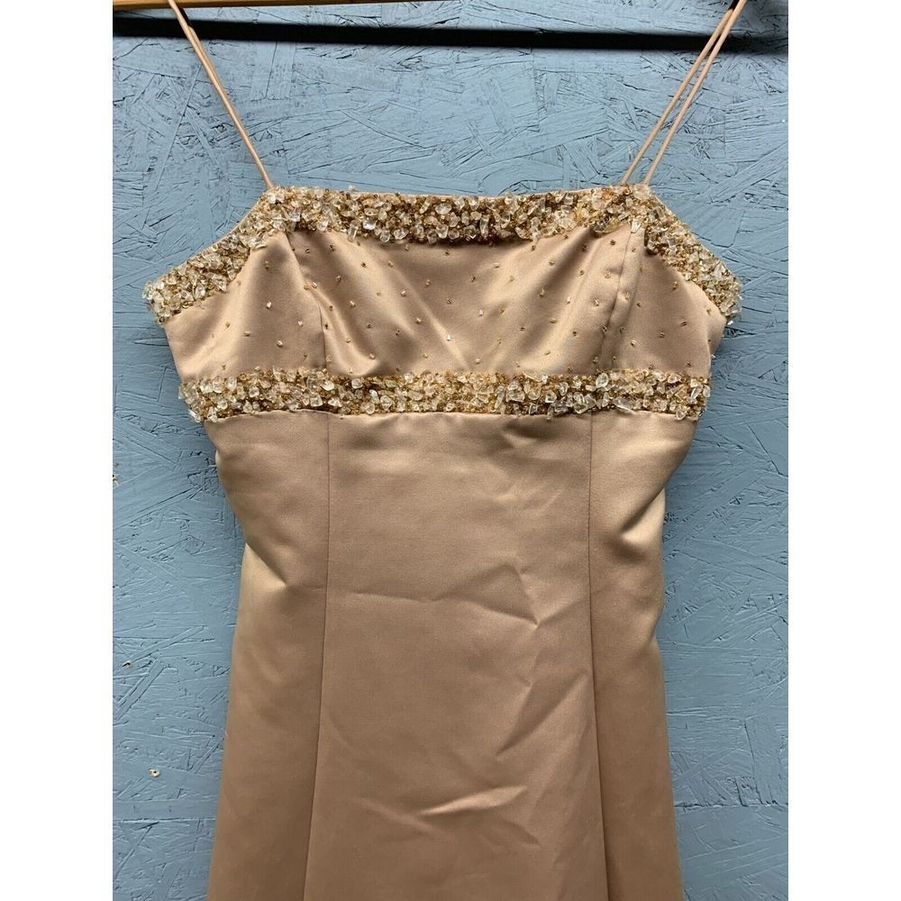 De Laru Beaded Satin Maxi Gown Dress Womens Size 5/6 Gold Vintage Y2K Formal