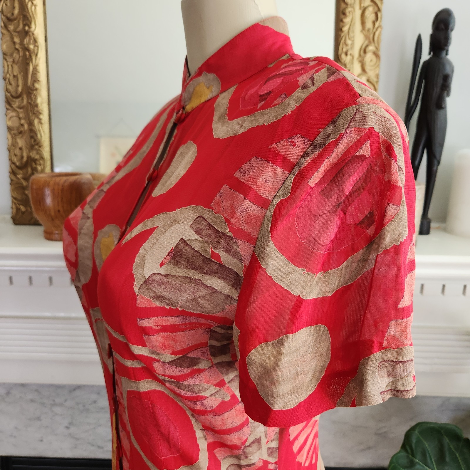 Vintage Y2K Joseph Ribkoff Red Tunic Brown Graphic Art To Wear Boho Size 10