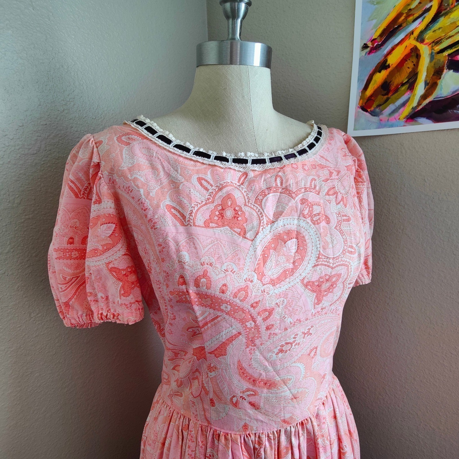 Vintage 60s 70s Handmade Pink Paisley Dress Square Dance Circle Prairie Western
