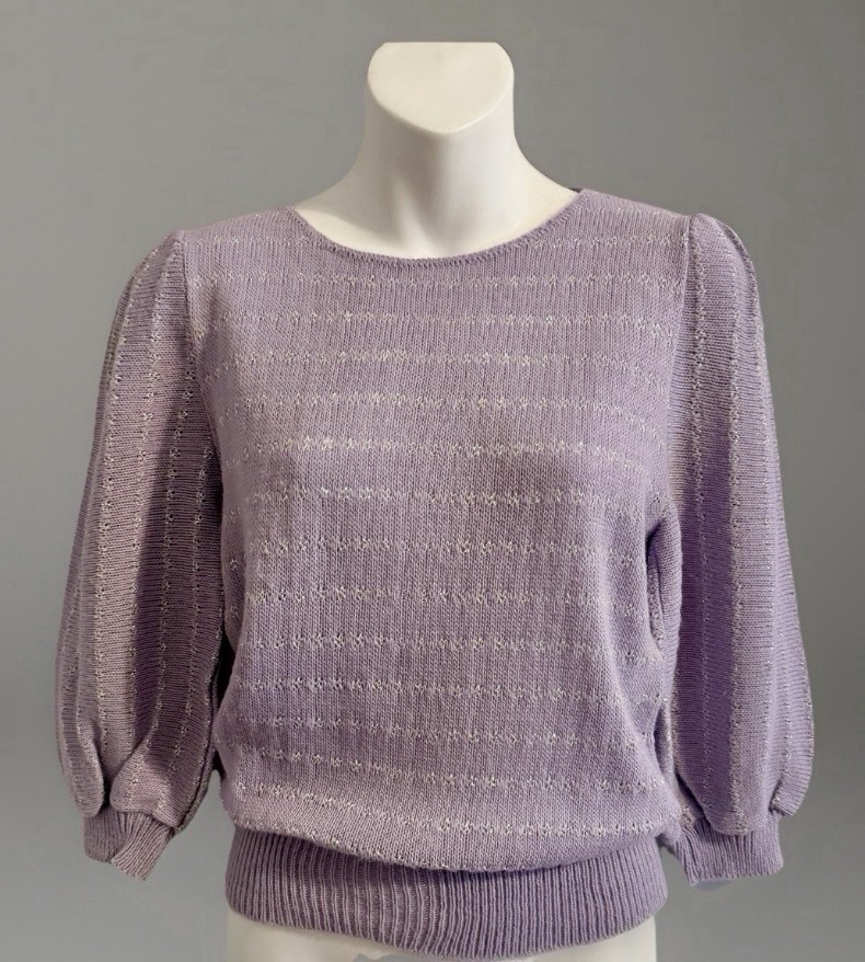 Vintage 1970/80s Sweater Women XS/S Lavender Metallic Stripe Puff Sleeve Acrylic