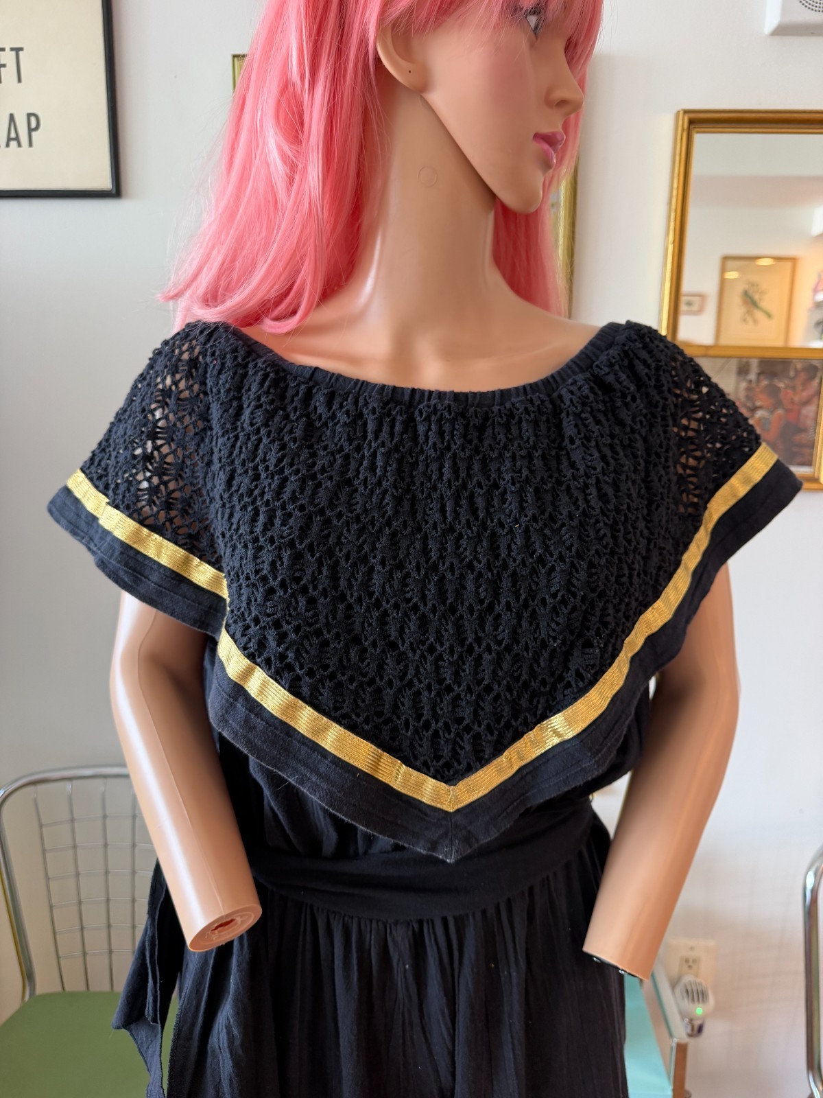 🖤 Vtg 70s Leisure Living Black 100% Cotton Bib Boho Hippie Jumpsuit Romper S