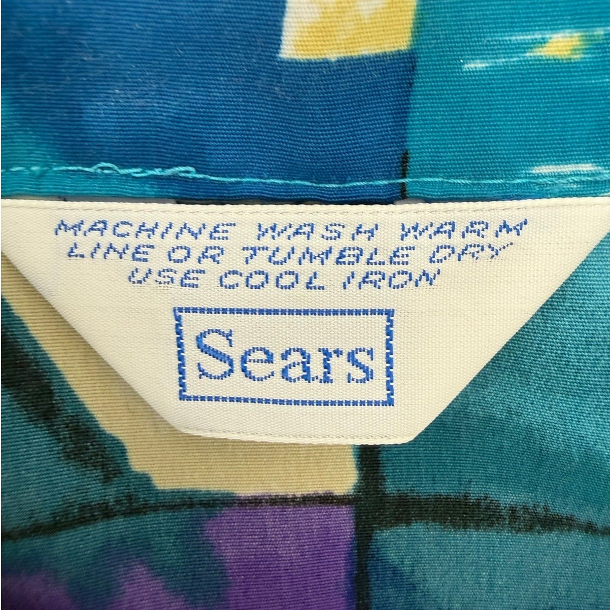 Vintage 80s Women’s Medium Sears Geometric Blouse Purple Teal Button Front Shirt