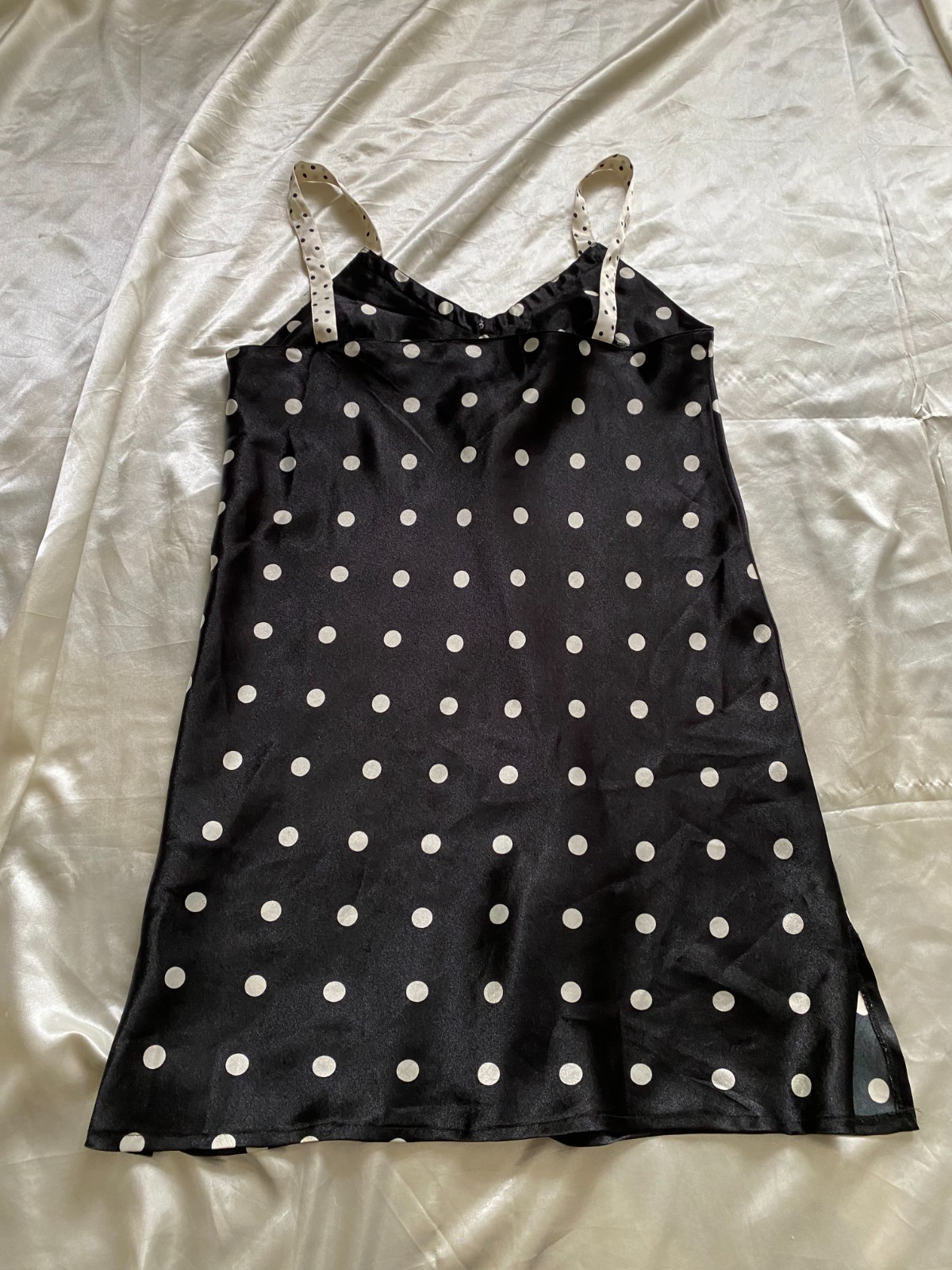 Vintage 1990s Black White Polka Dot Satin Half Slip Coquette Pin Up Small