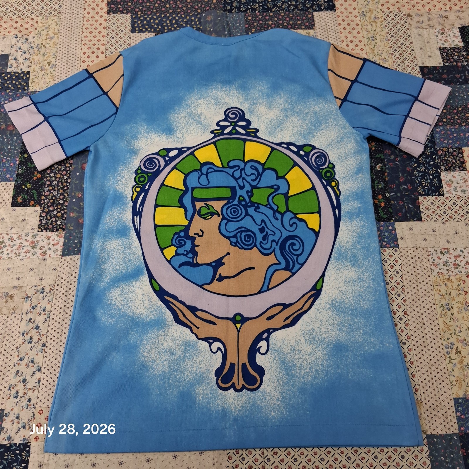True Vintage 70s Art Nouveau Woman T Shirt Womens M Blue Hippie Single Stitch