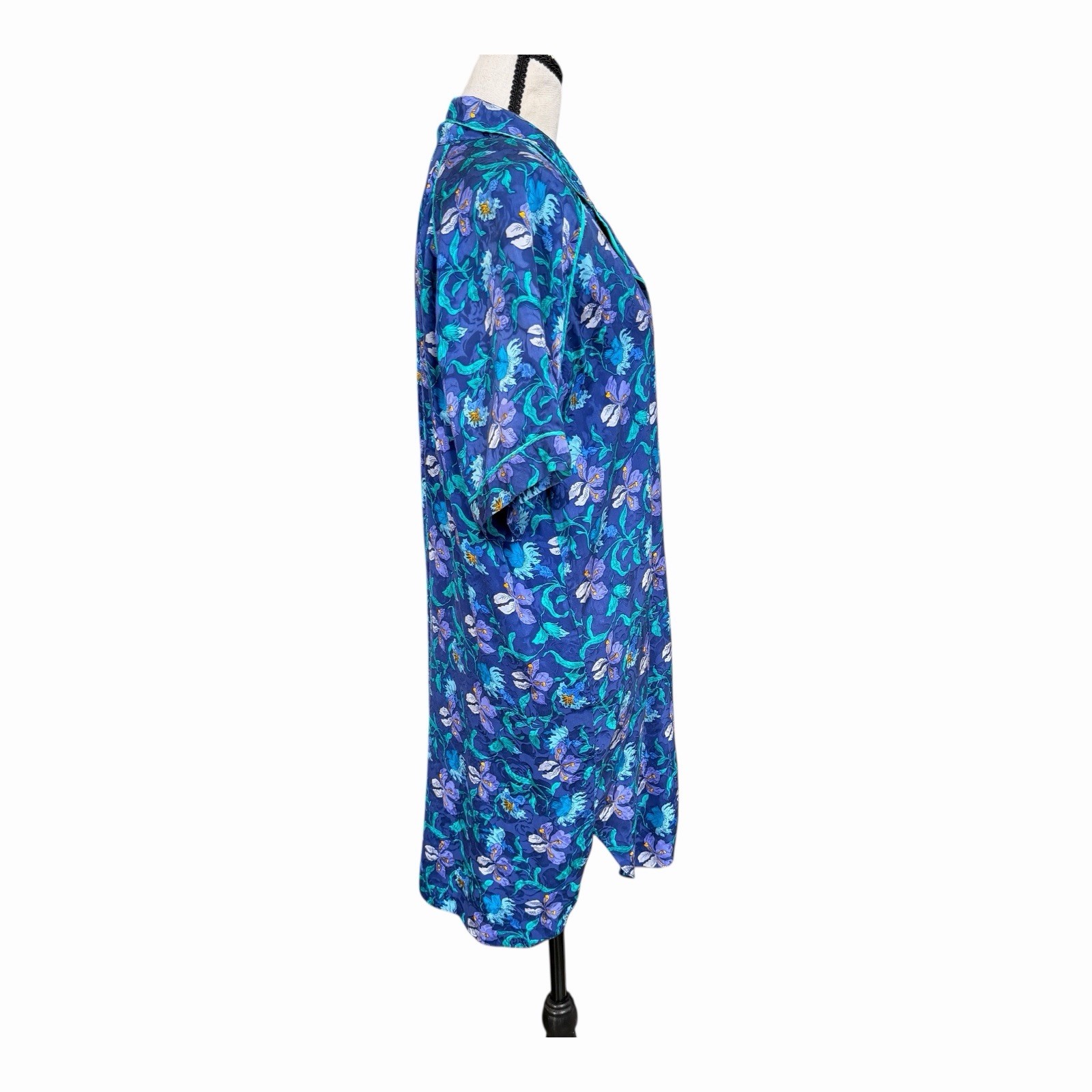 Vintage Valerie Stevens Pure Silk Floral Nightgown Robe Blue Teal 90s Loungewear