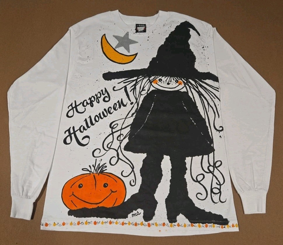 Vintage 90s Happy Halloween AOP Witch Trick Or Treat Pumpkin T-Shirt Size Large