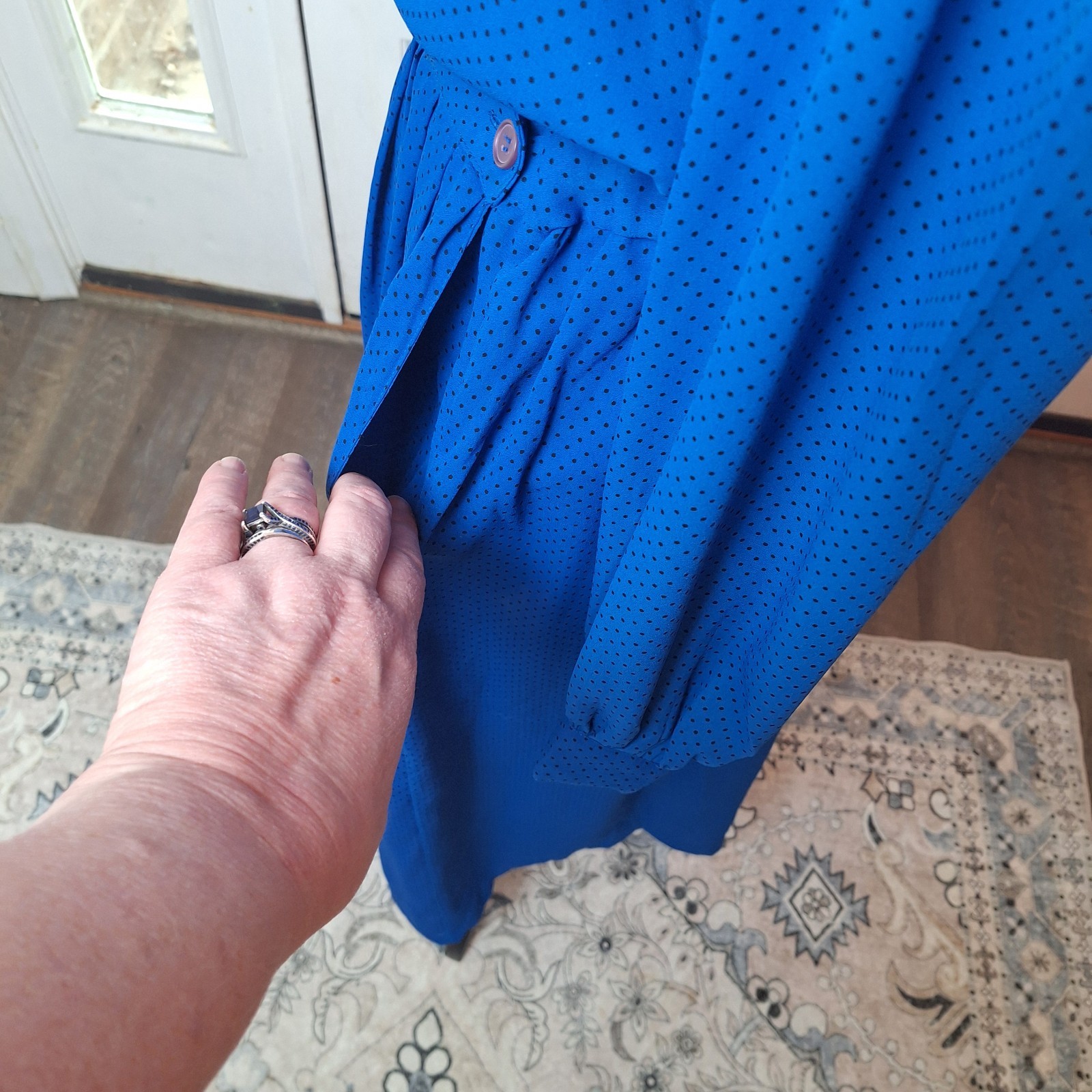 Vtg 80’s Compositions Skirt & Blouse Set, Blue With Black Polka Dots, Size…