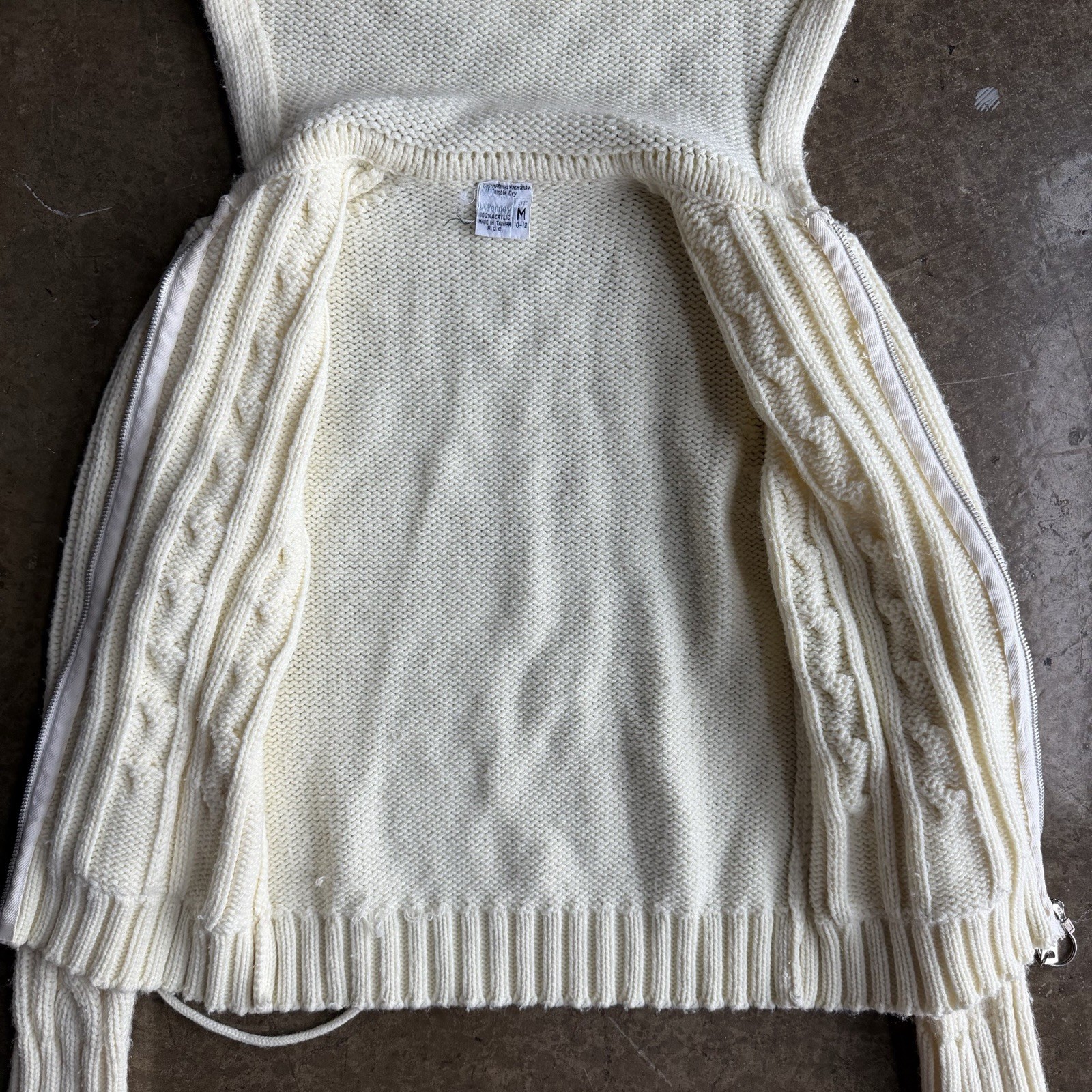 Vintage 80’s JC Penney Cream Cable Knit Acrylic Zip Drawstring Hoodie Women’s XS