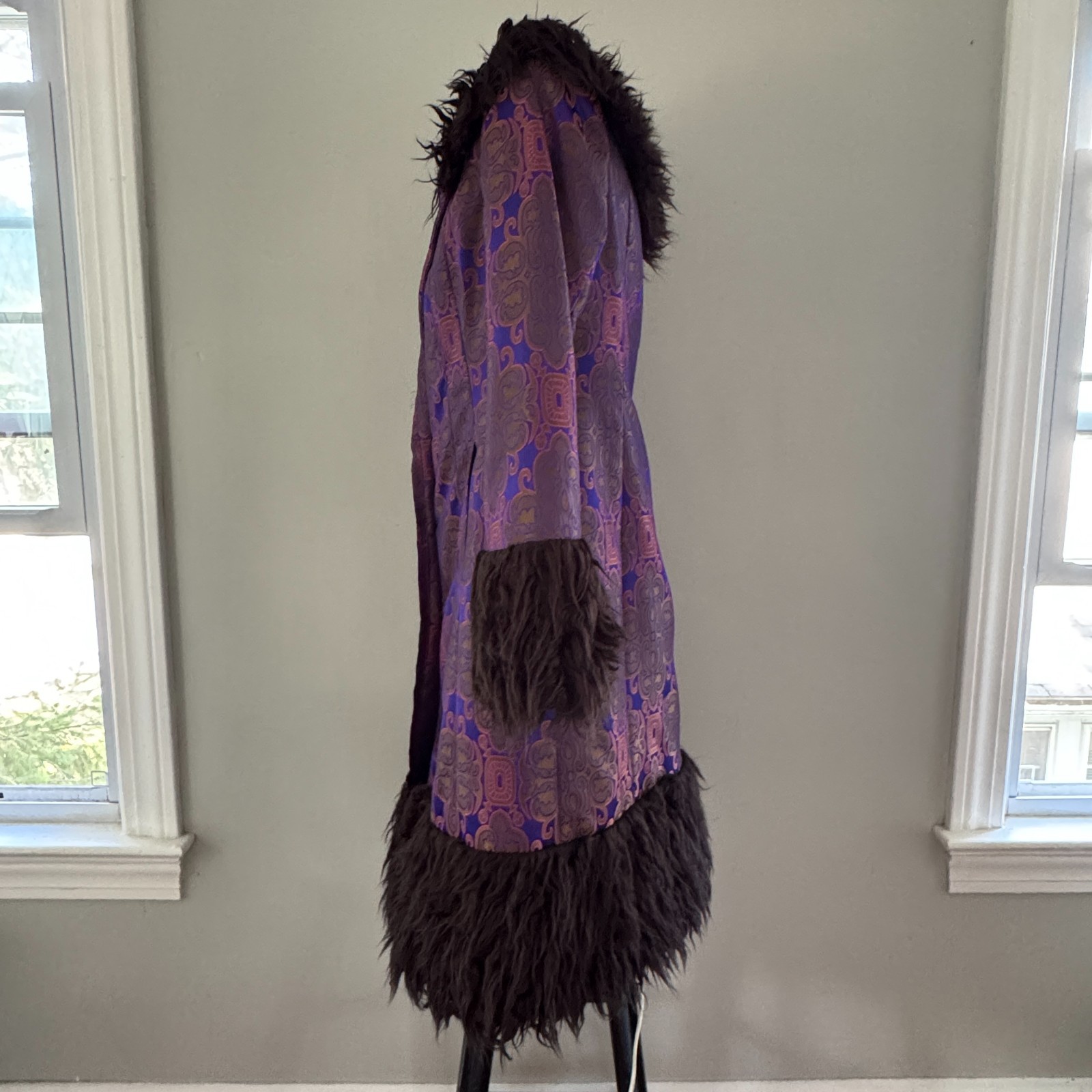 90s vtg VIVIENNE TAM Purple Gold IRIDESCENT Brocade Rave Penny Lane Fur Coat Y2K