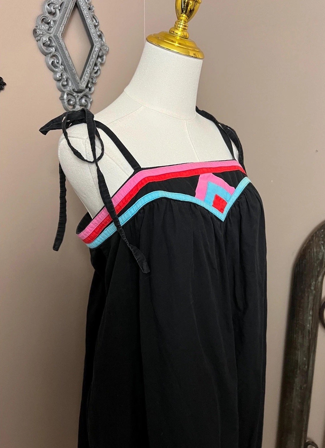 Vintage 70s Neiman Marcus Black Cotton Shoulder Tie Sundress Retro Mod Size L