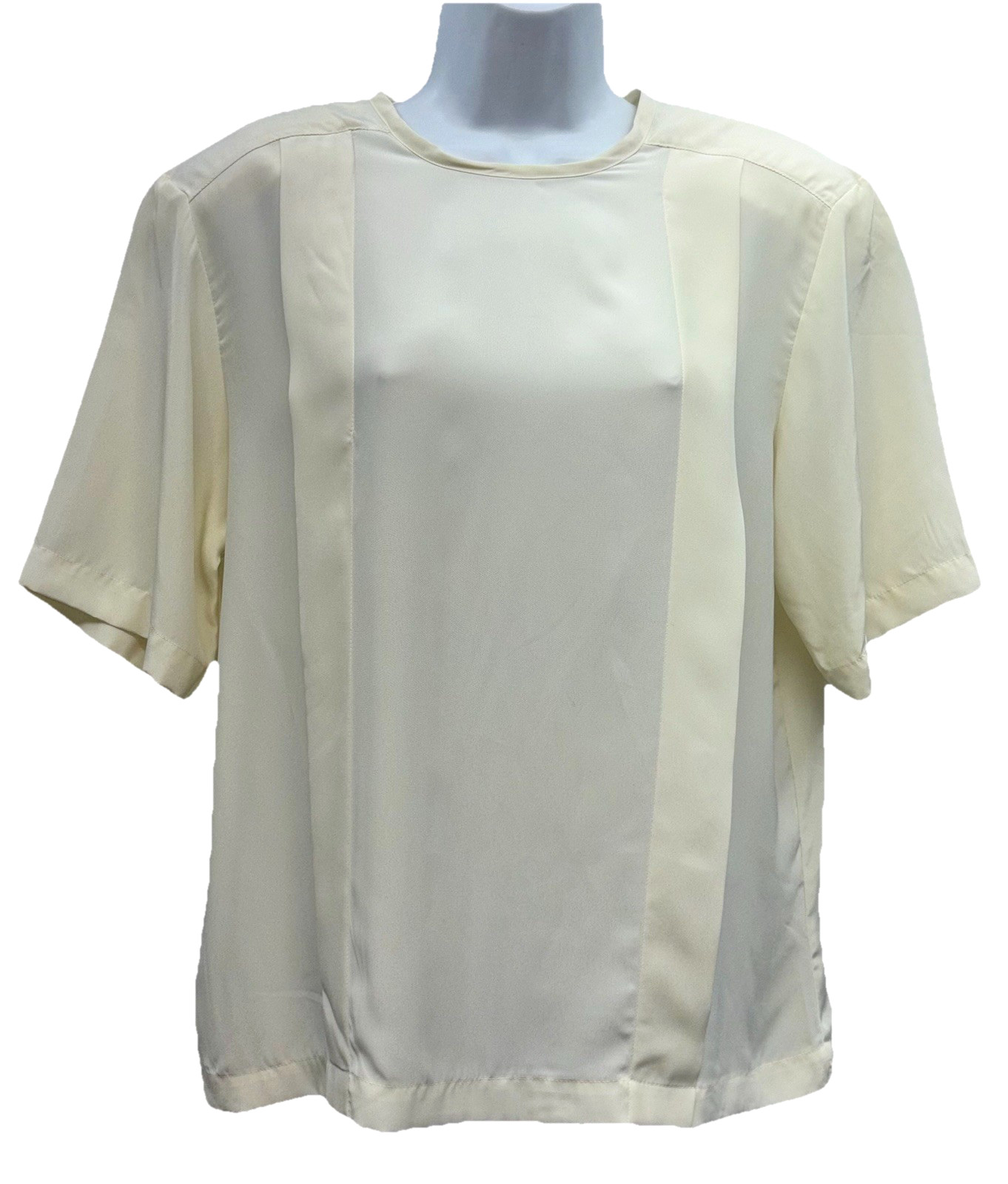 VTG CHAUS Women Size 10 Button Keyhole in Back Short Sleeve Blouse Cream Pleats