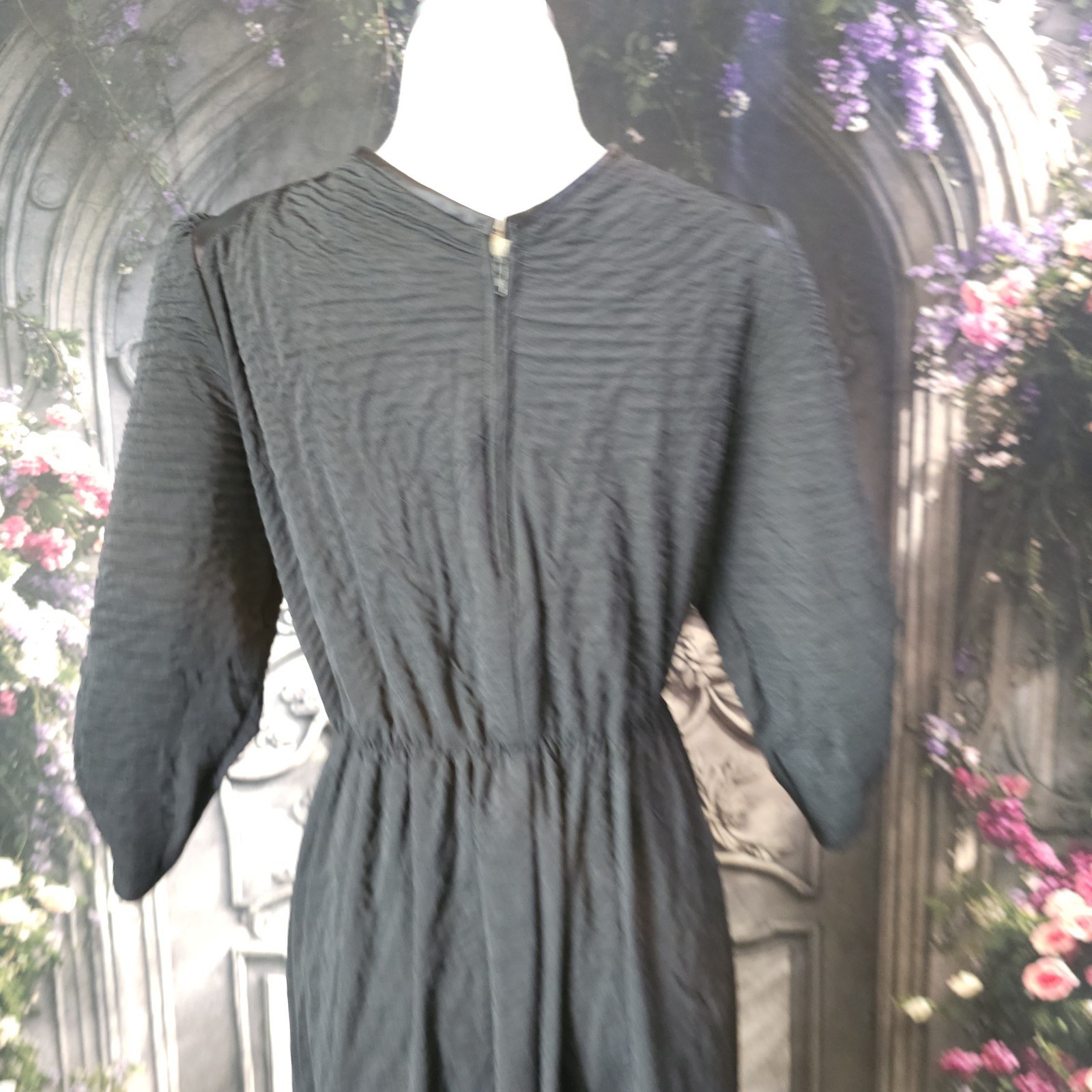 Vintage 1970s Black Dress Textured Fabric Satin Shoulders Long Sleeves