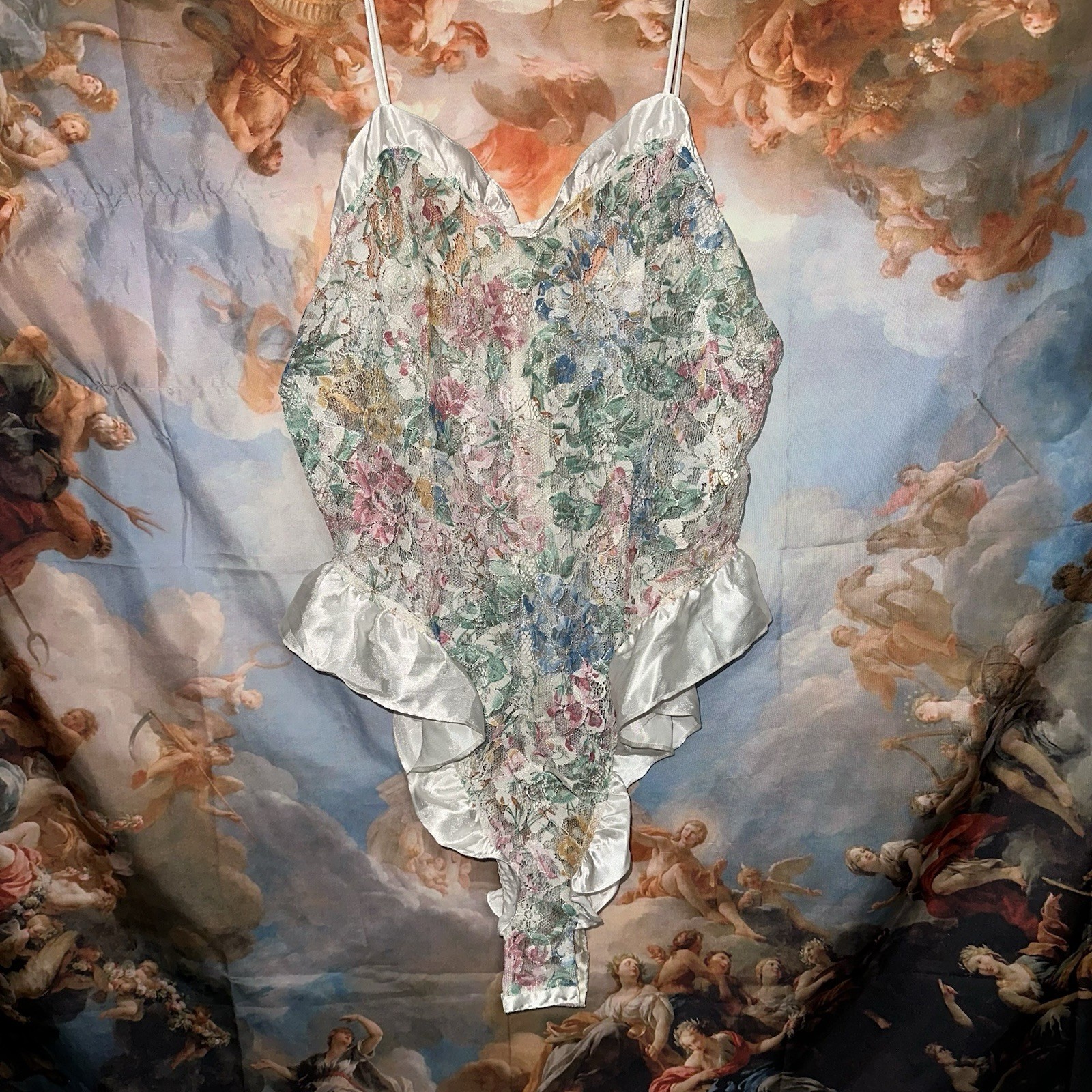 80s VTG Victoria’s Secret Gold Label Floral Lace Teddy Bodysuit Ruffle Size L