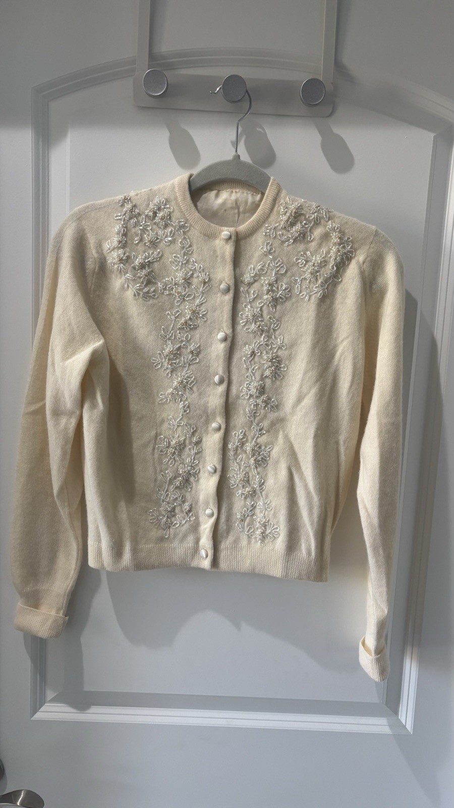 Vintage 1950s Cream Ivory Beaded Cardigan Sweater Pearl Floral Hand Embroidered