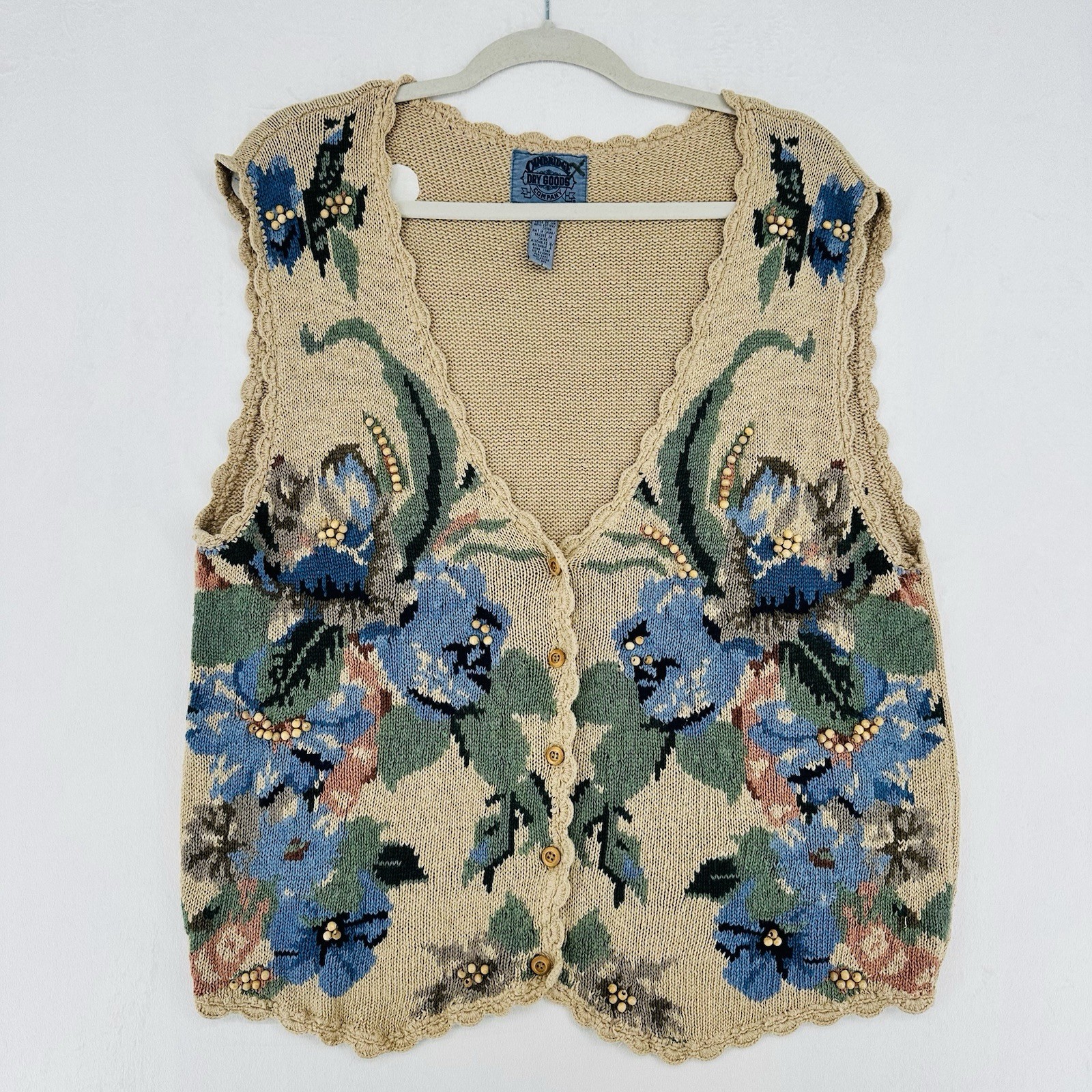 Vintage Cambridge Dry Goods Sweater Vest Womens L Tan Floral 90s Crochet Cottage
