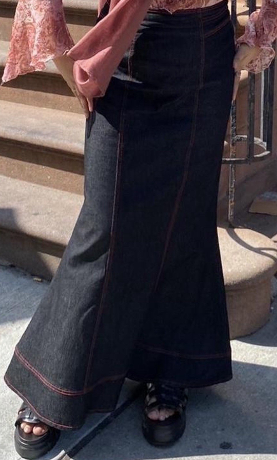 VTG Y2K Bisou Bisou Dark Blue Denim Contrast Red Stitching Mermaid Maxi Skirt 10
