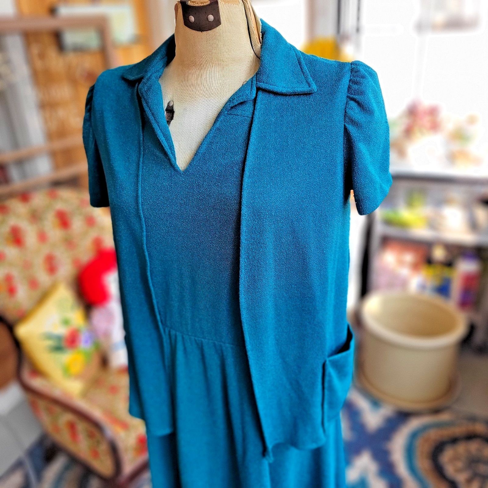 Vintage 1970’s -Cinched Waist Soft Terry Poly Sun Dress w Cardigan Top Size L