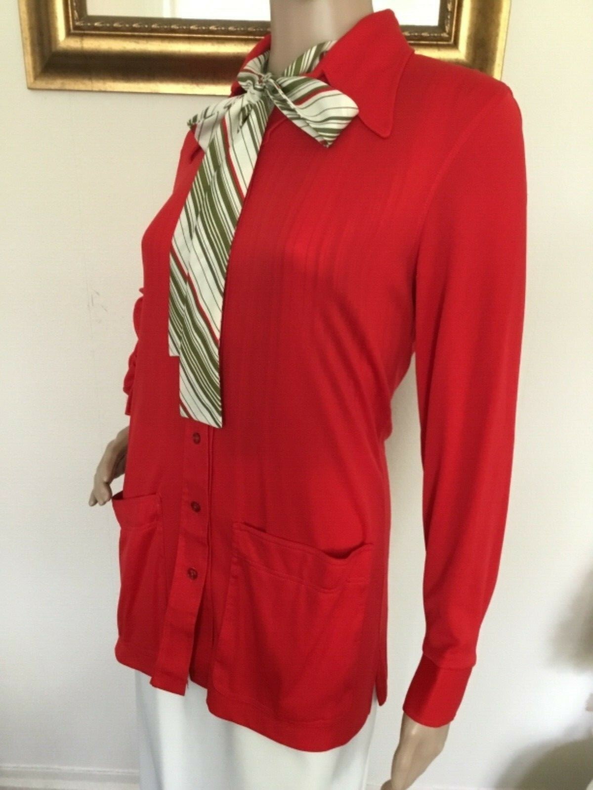 70’s Vintage Red Retro Long Sleeve Large Pocket Blouse