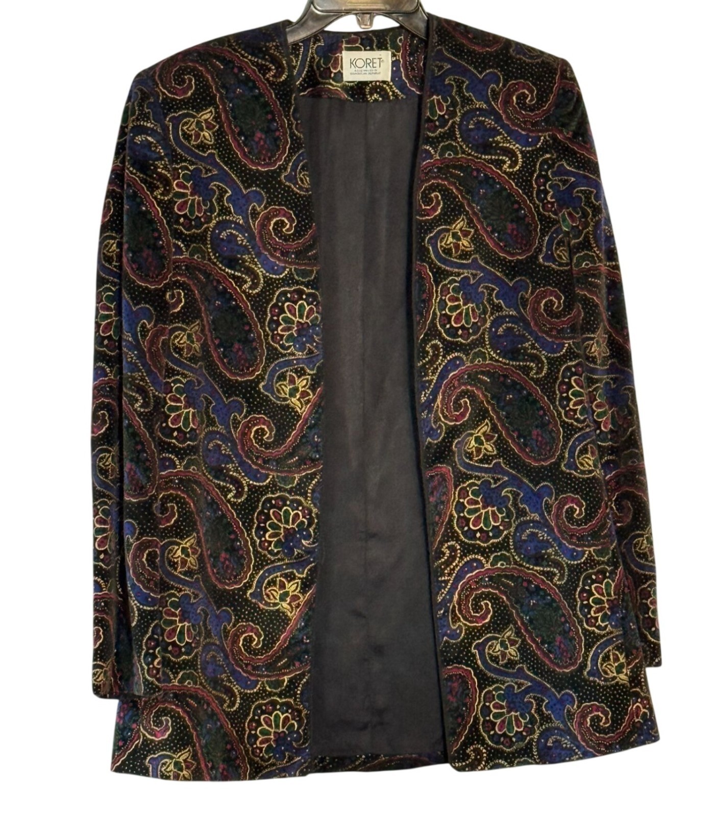 Vintage Koret Size 8 Velvet Paisley Open Front Blazer Jacket Shoulder Pads Soft