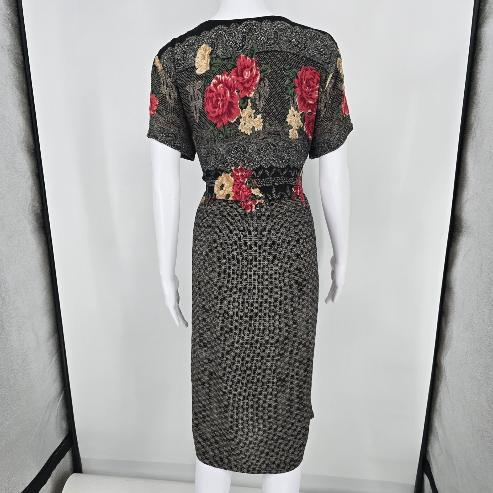 Vintage 1990s Just in Thyme Rayon Black Floral/Lace Print Prairie Dress (8/M)