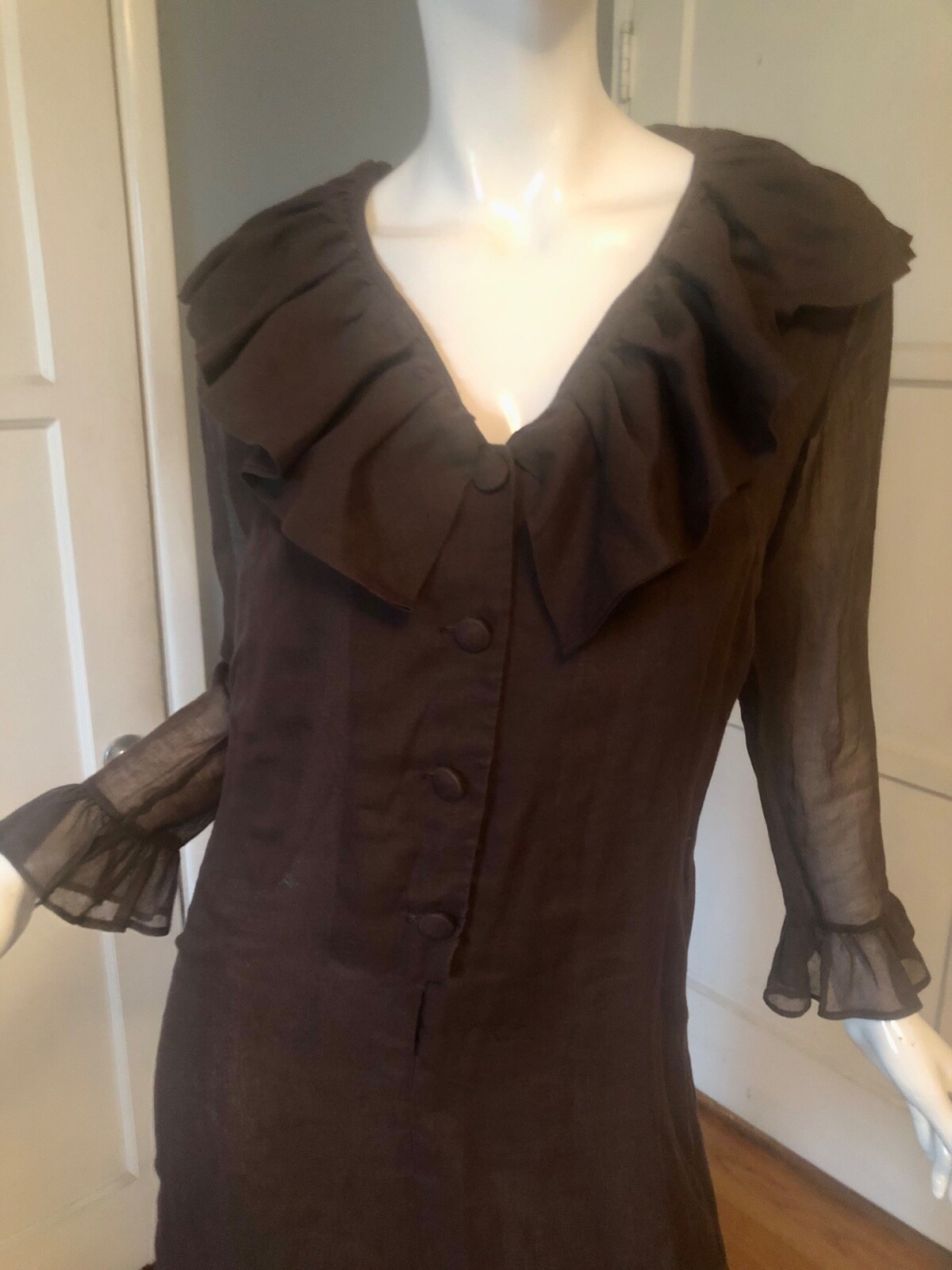 Vtg 60s 70s CAROL BRENT Montgomery Ward Brown COTTON Blend RUFFLE Shirtdress S M