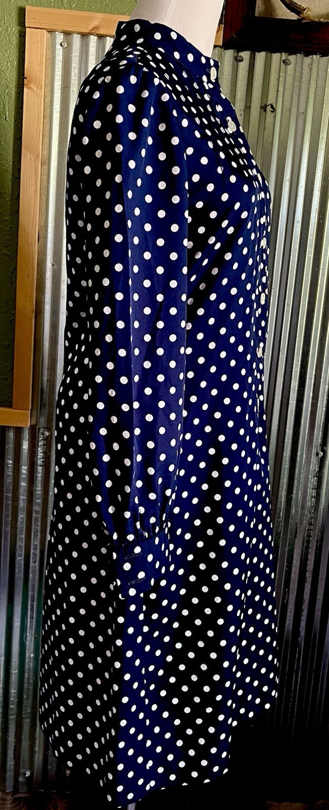 VTG CARLYE White & Blue Polka Dot Mod A Line L/S Midi Dress Sz S/M 1960s