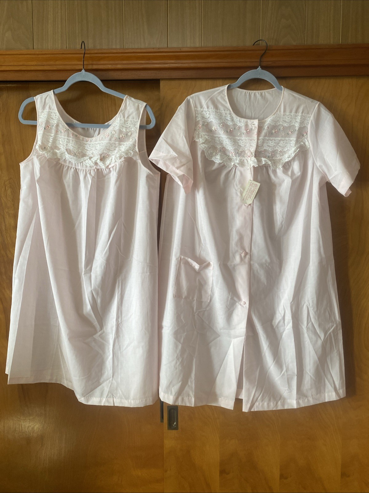 NWT Vtg SEARS 2pc. set Nightgown/Robe PINK Cotton Blend Nylon Overlay Lace 36/38