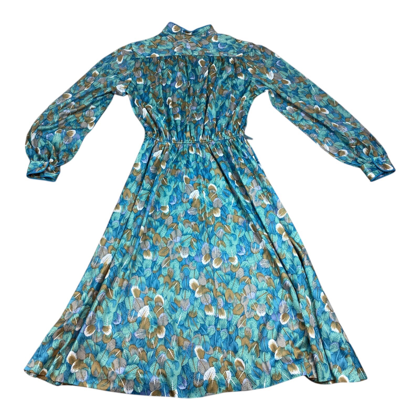 Vintage 1970s Long Sleeve Feathers Dress High Neck Cinched Waist Full Skirt Boho