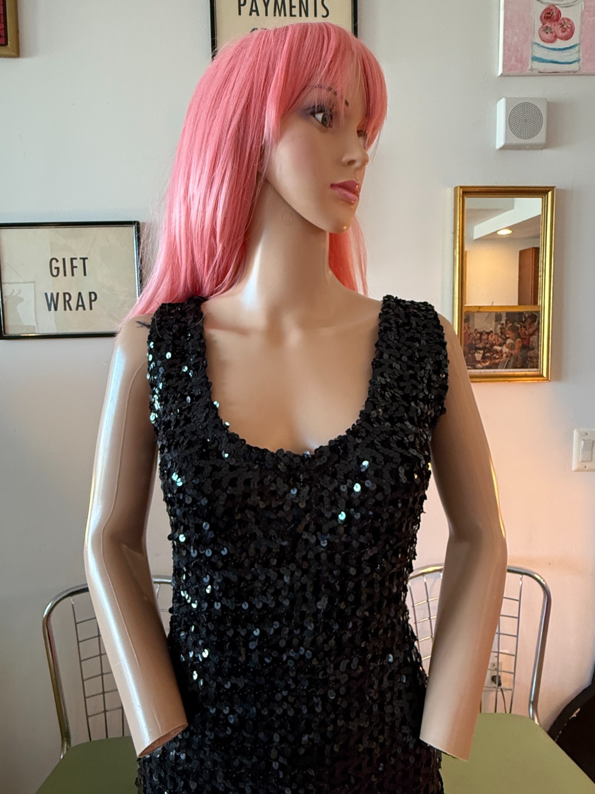 🖤 Vtg 60s Black Knit Bodycon Stretch Hourglass Showgirl Sequin Slit Dress L XL