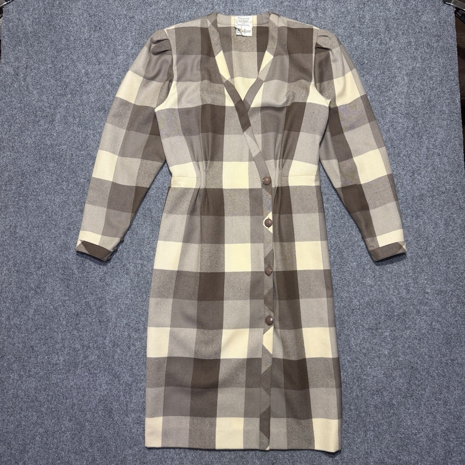 Vtg Neiman Marcus Women’s Coat Dress Sz 8 Plaid Brown 100% Wool Hong Kong Tag