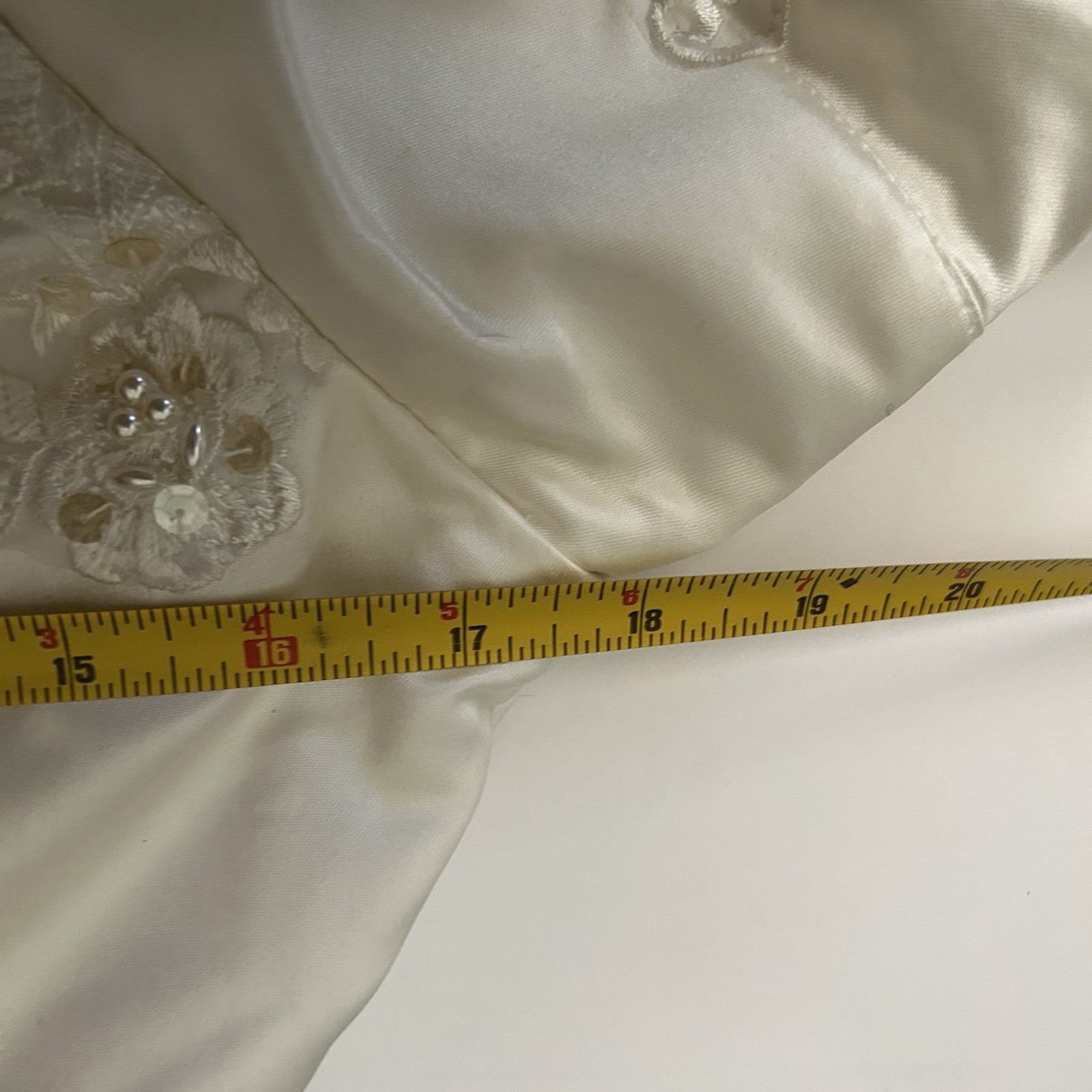 Vtg 80s Ivory Satin Beaded Bride Wedding Dress Short Sleeve Long Train Size 14