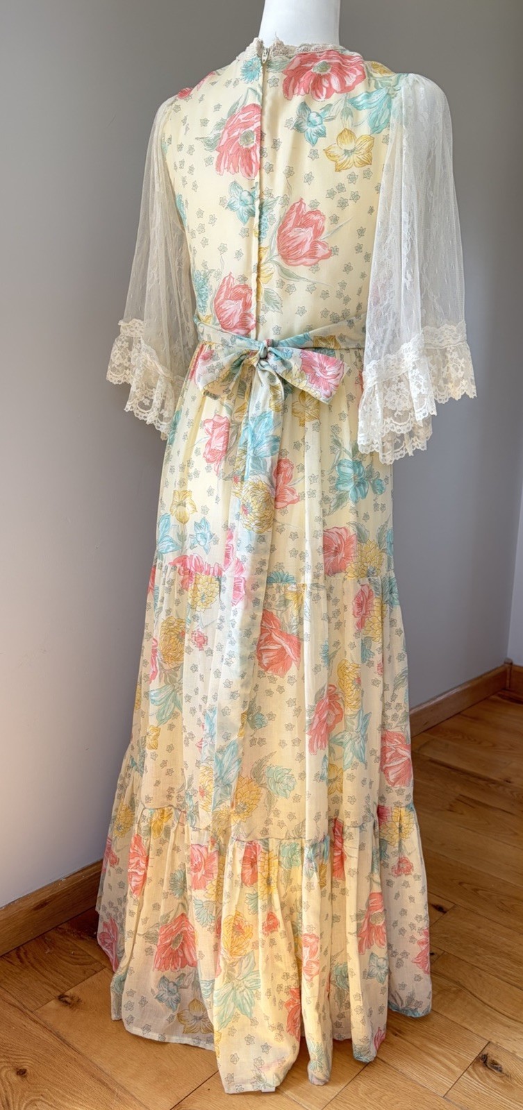 Vintage 70s Long Maxi Prairie Dress Renaissance Cottagecore Fairy Yellow SMALL