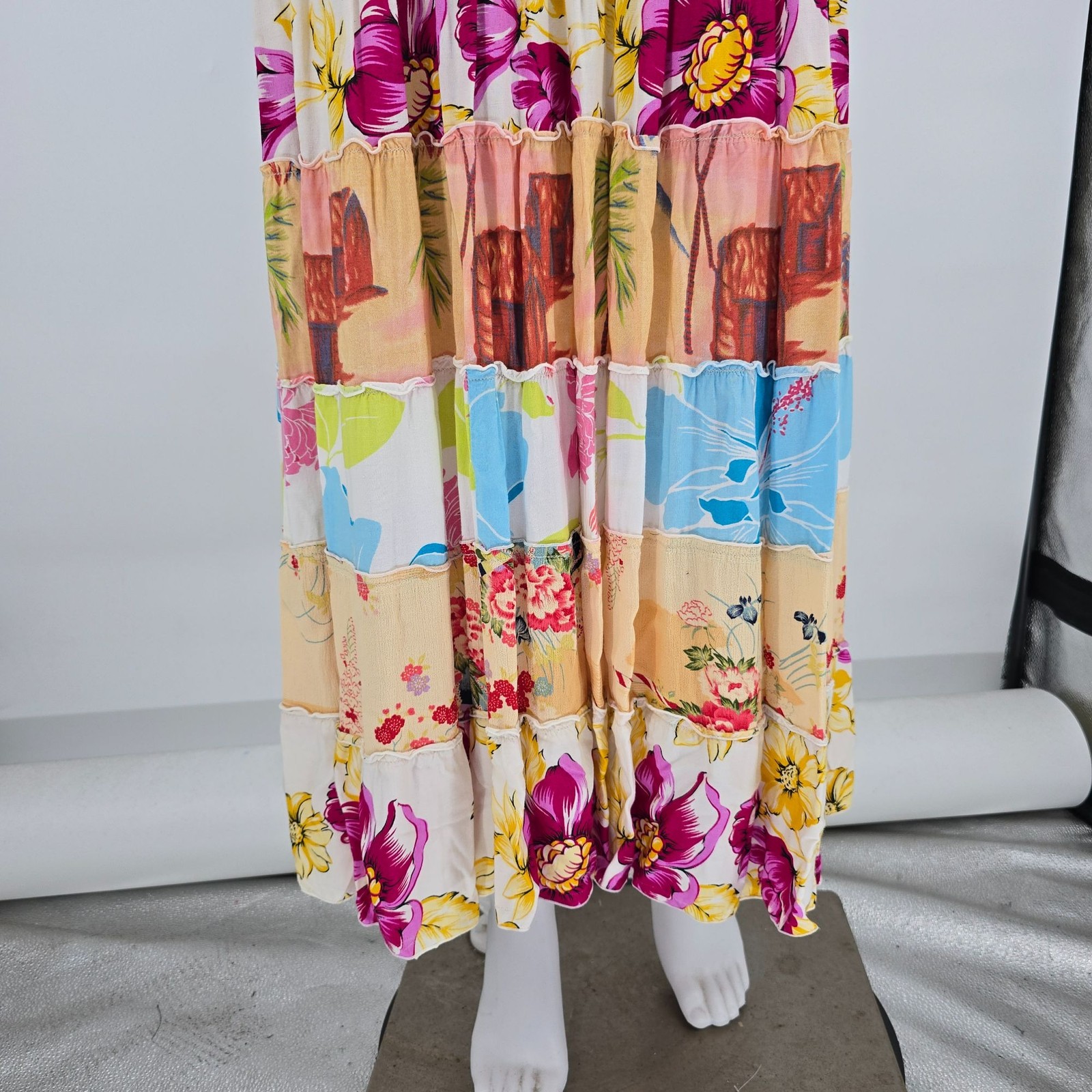 Vintage 1990s Globe Trotter Bali Patchwork Rayon Tropical Maxi Sundress (M)