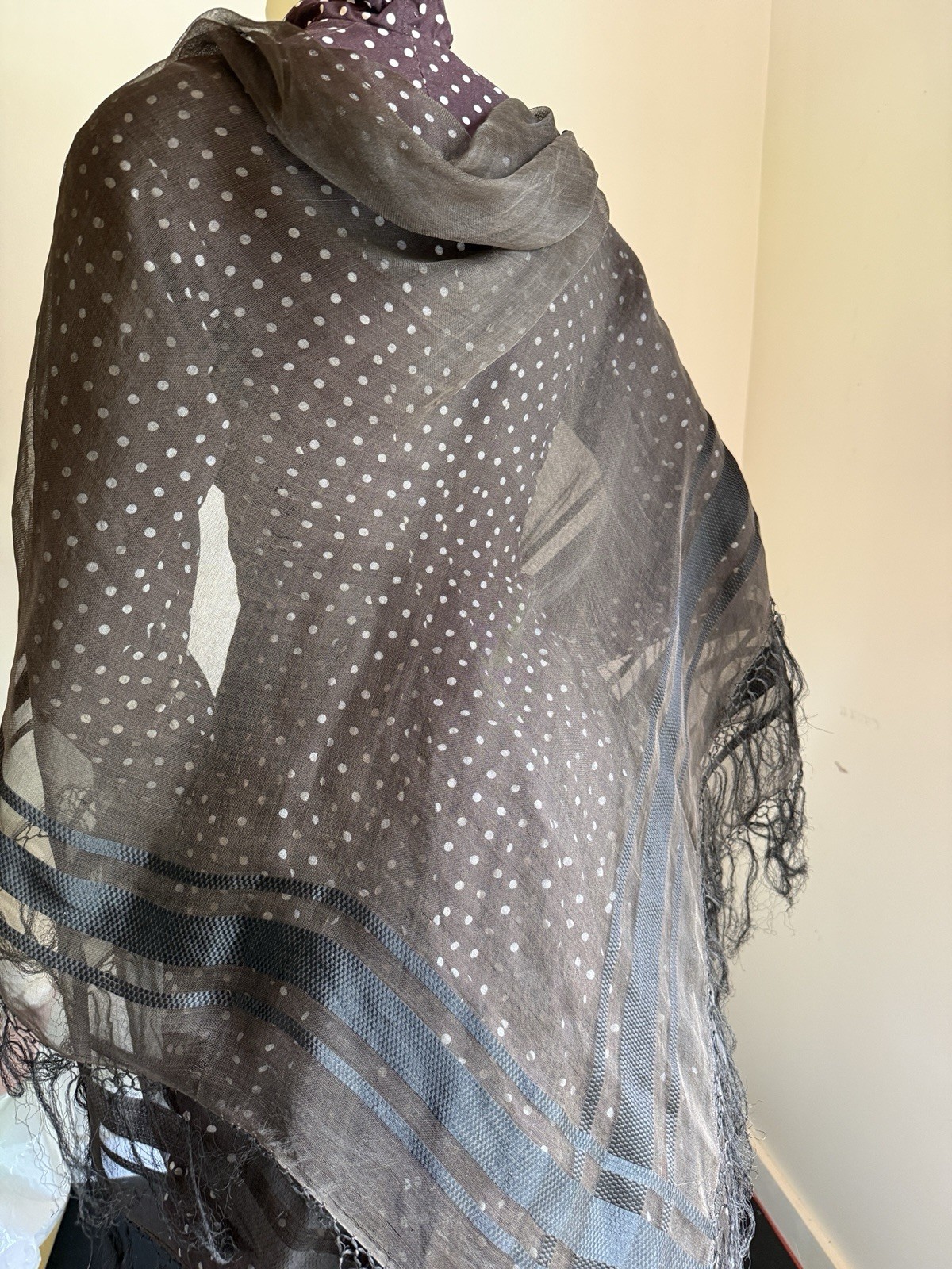 ANTIQUE 1860 CIVIL WAR ERA SHEER SILK FRINGED SHAWL WITH RIBBON WEAVE DETAIL