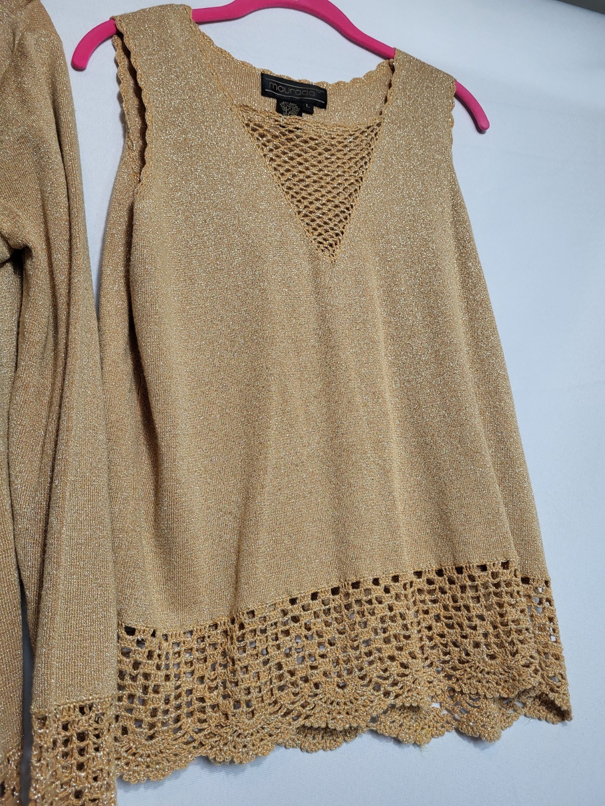 Vintage Maurada Gold Crochet Knit Women’s XL Top Cardigan Set 70s