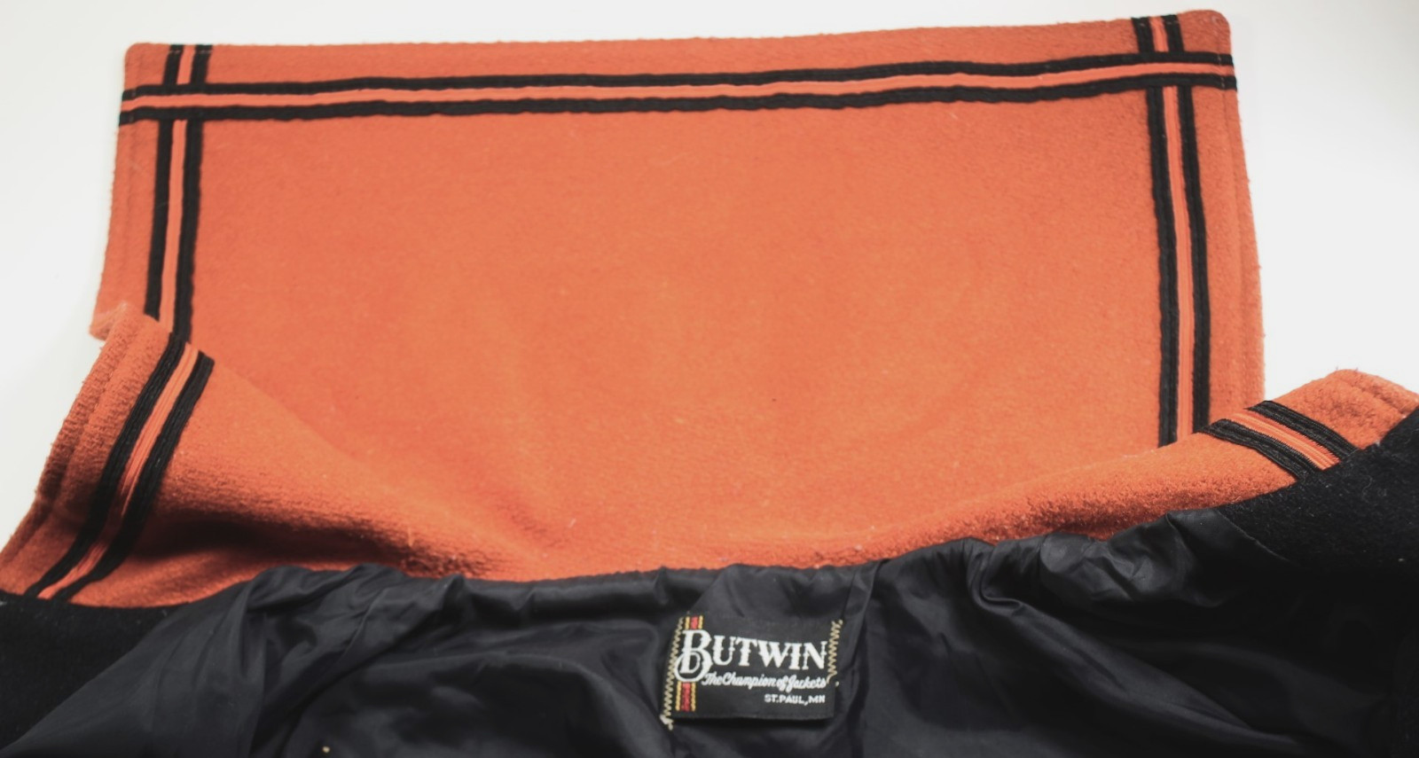 Vtg Butwin Lettermans Jacket Wool Black & Orange Sailor Collar Sz M? check meas.