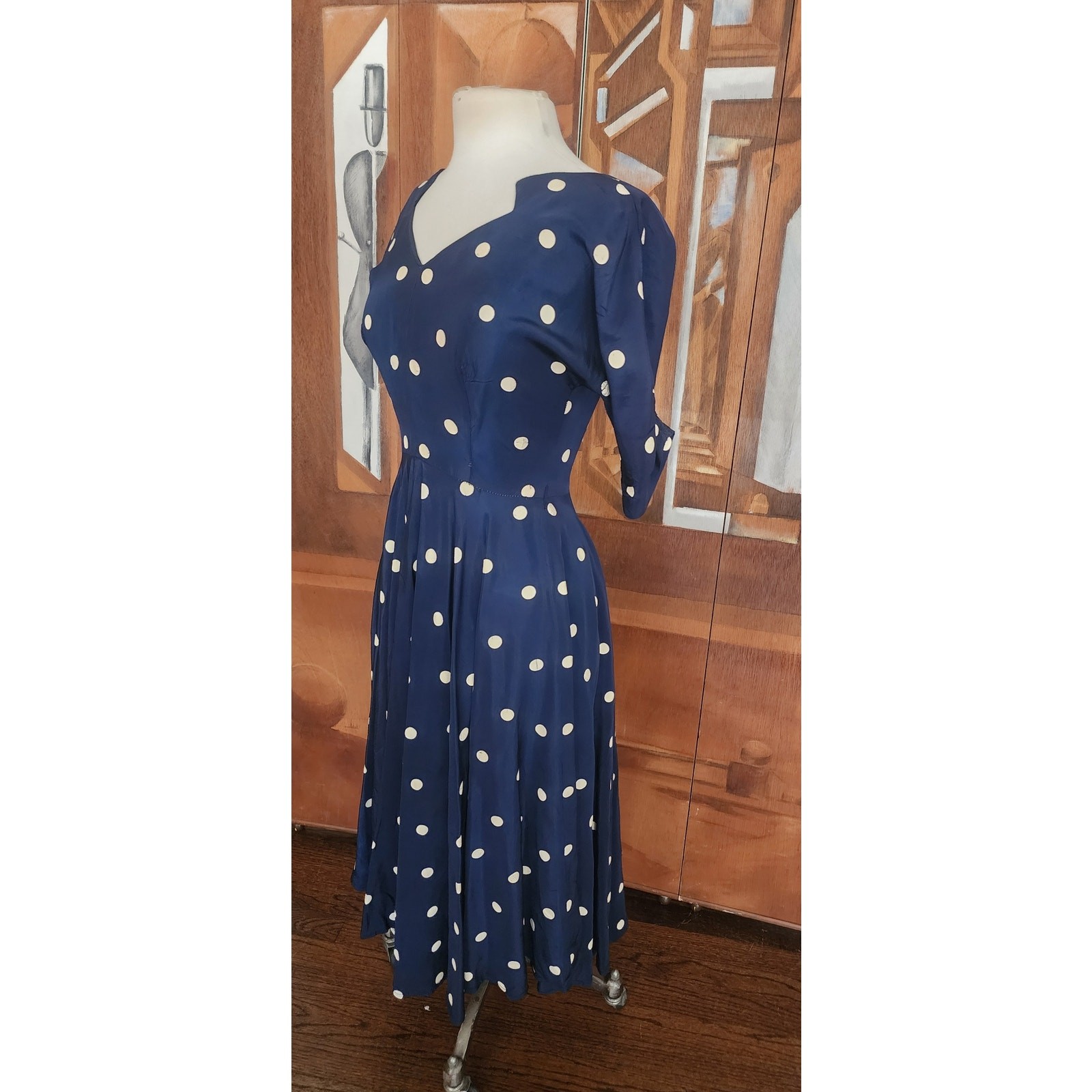 Vintage 1950s Lilli Diamond Dress Blue White Polka Dot Print Midi / S