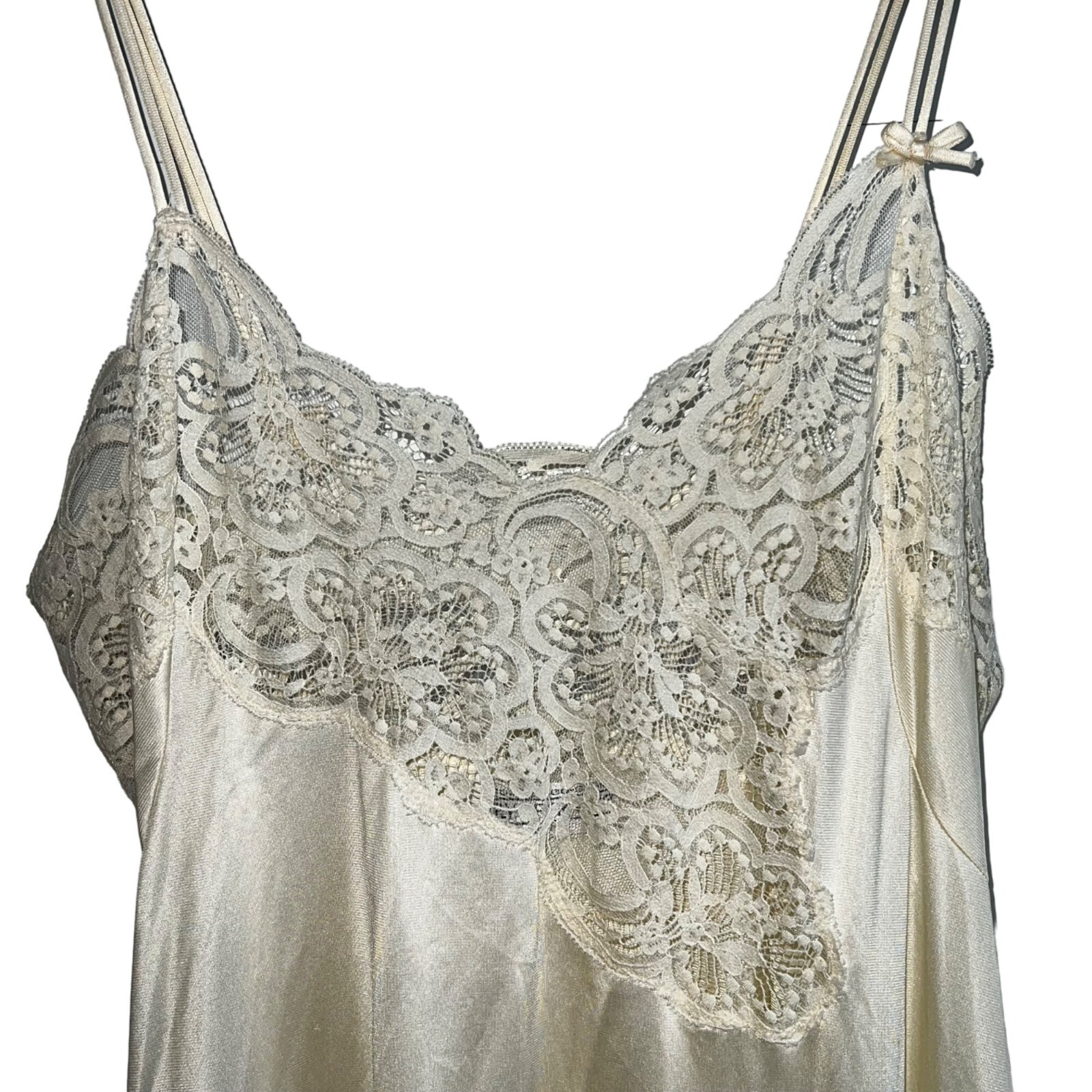 Vintage Lily Of France Ivory Satin & Lace Nightgown Spaghetti Straps Large