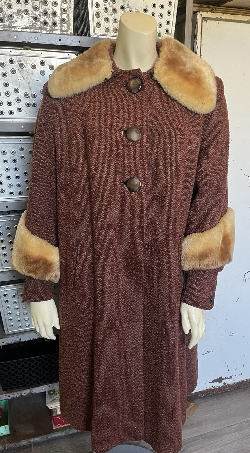 Womens Vintage 1960s Swing / MCM Shearling / Brown Wool Tweed Coat Sz M/L