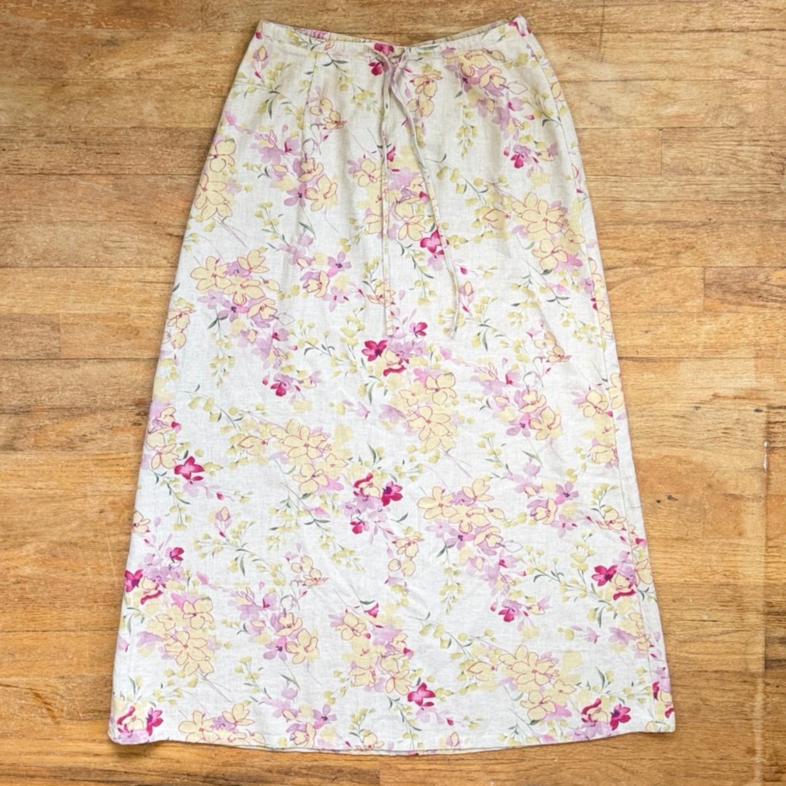 Vintage Floral Print Linen Rayon Blend Maxi Skirt Size XS 4 24-26″ Waist Y2K
