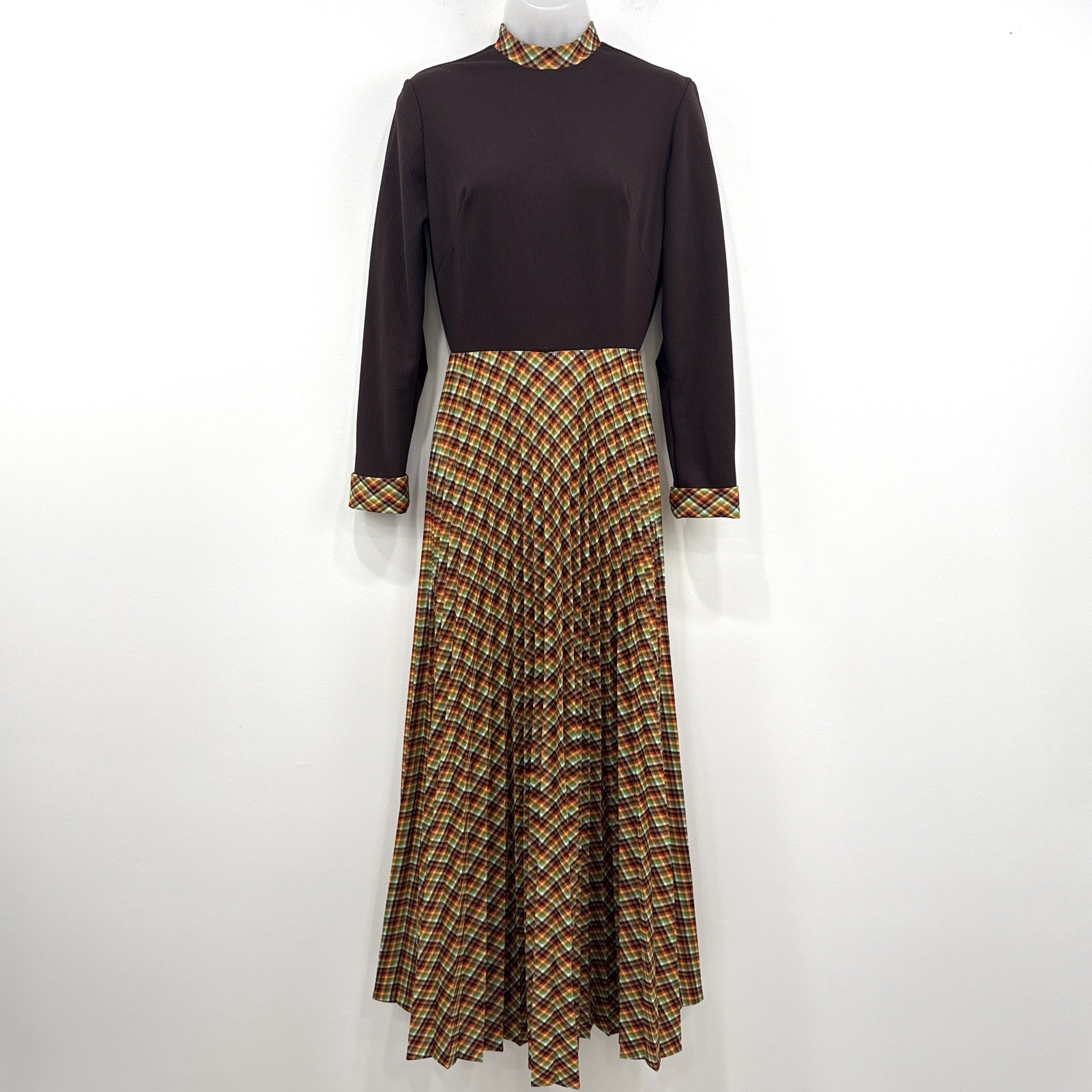 VTG 70s Jennifer Gee Secretary Dress 10 Plaid Hippie Pleated Maxi Union Made