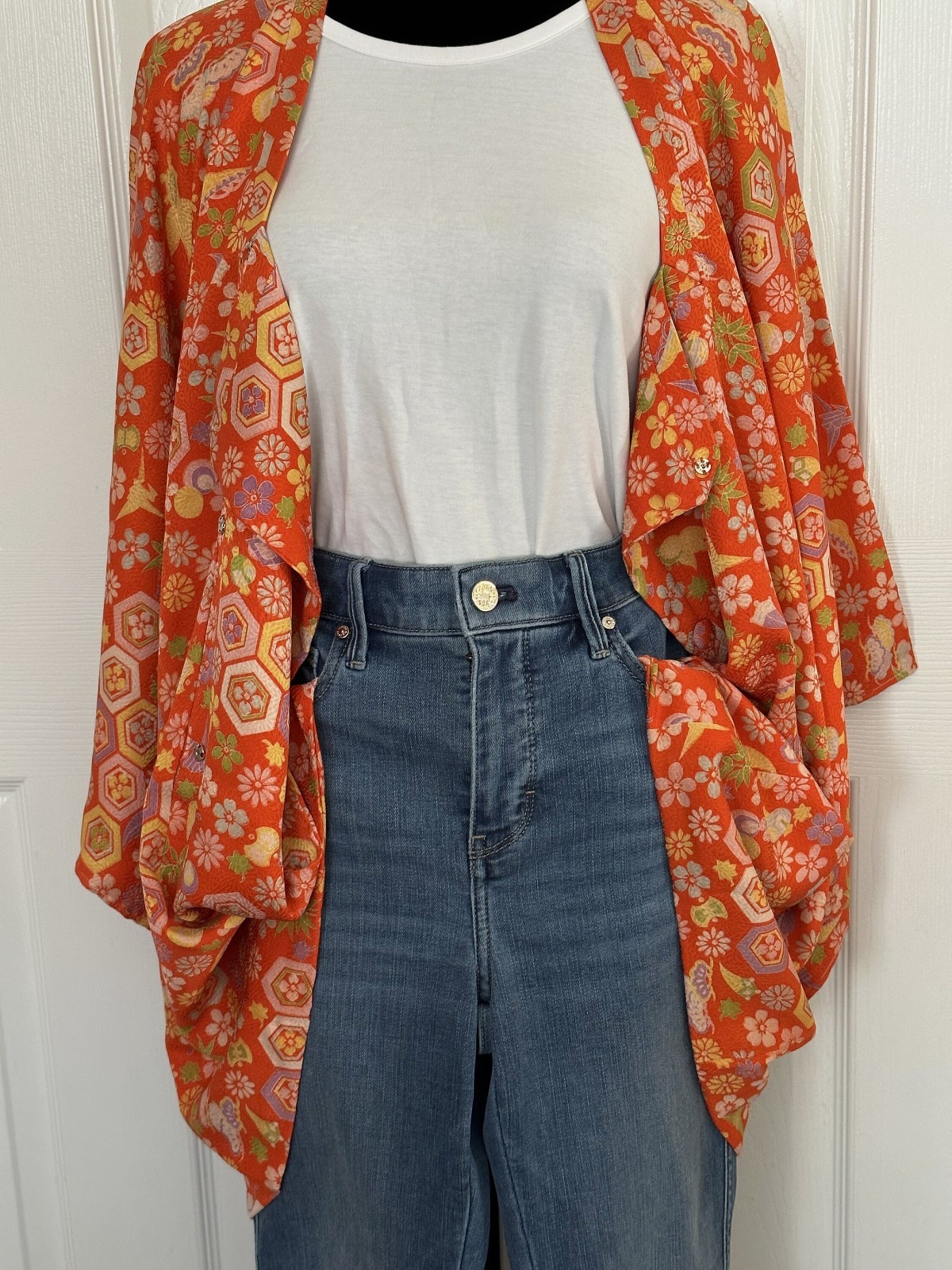 Silk Kimono-Cardigan, VINTAGE Kimono coat orange pure silk lRetro Taisho Roman